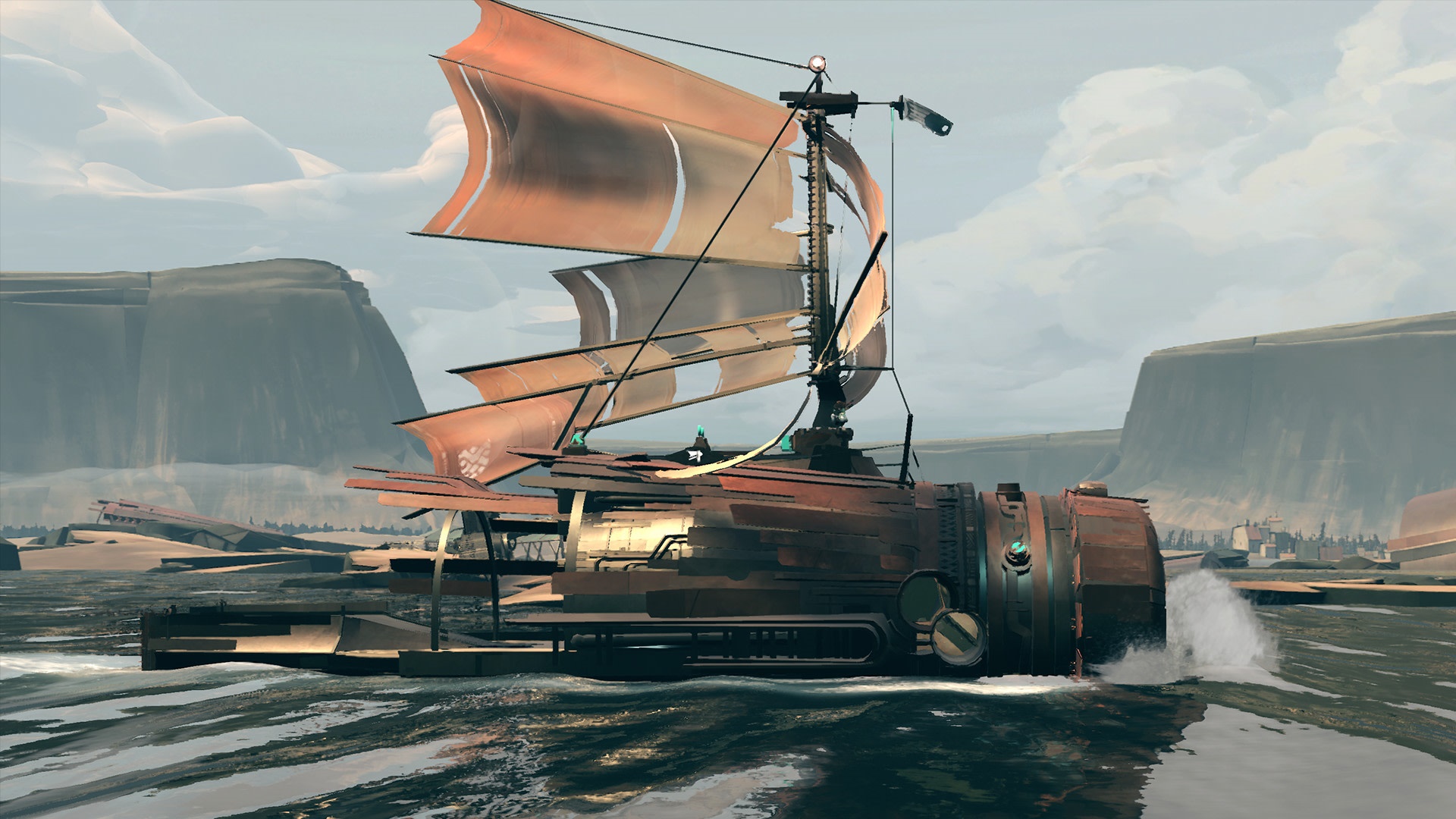 Airship sailing on water with mountains in background HD Wallpaper