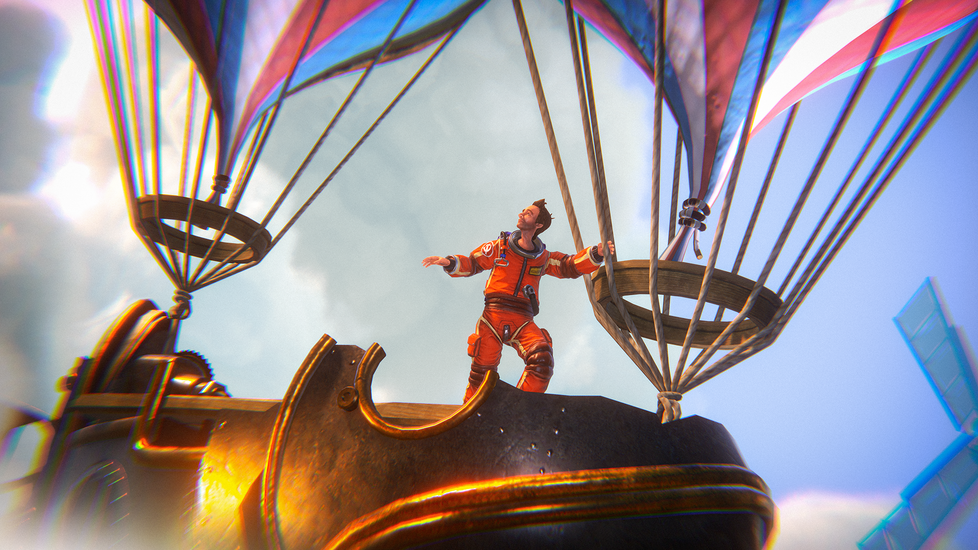 Man in orange suit on a steampunk hot air balloon HD Wallpaper