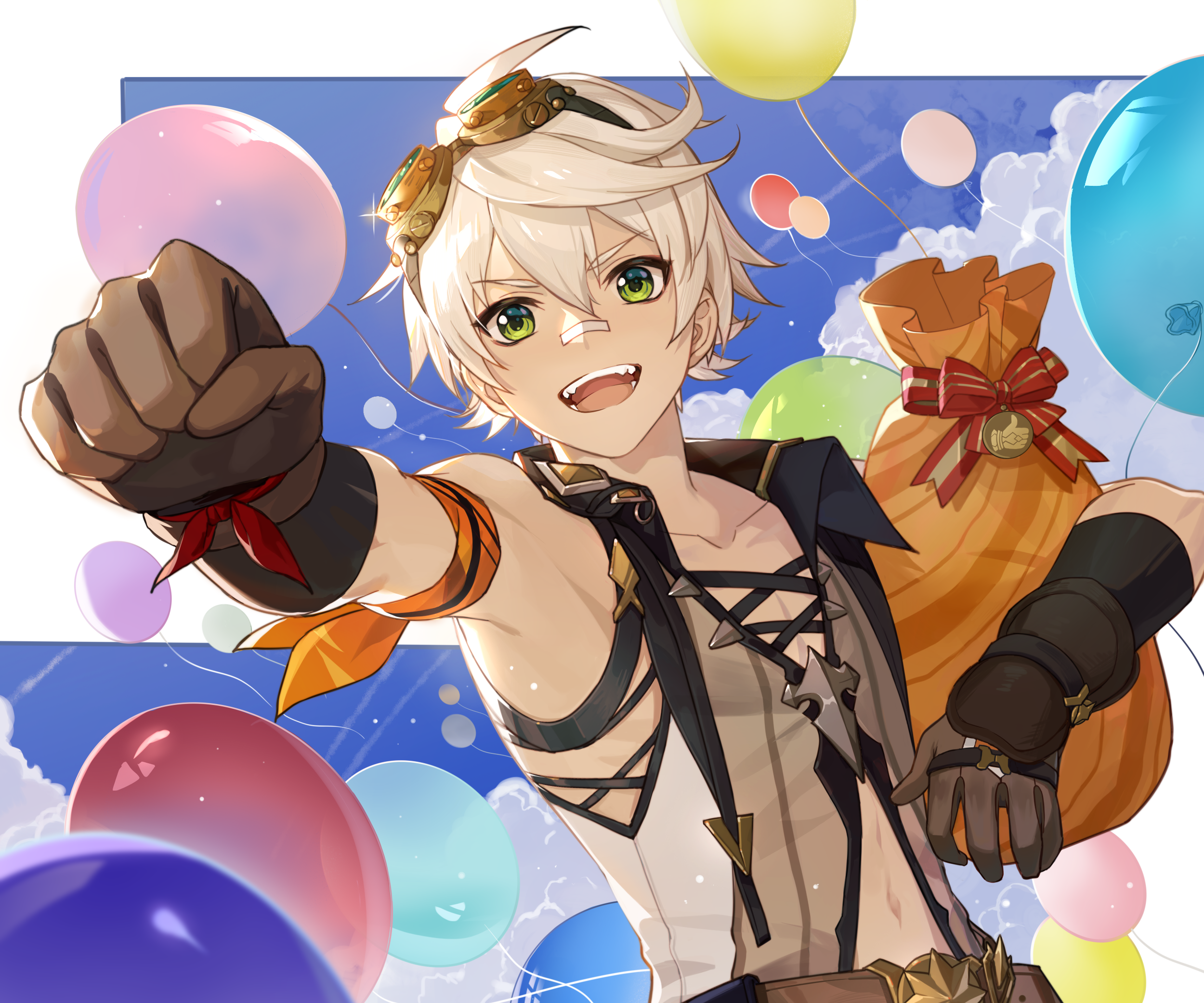 Bennett from Genshin Impact with balloons and gift bag HD Wallpaper