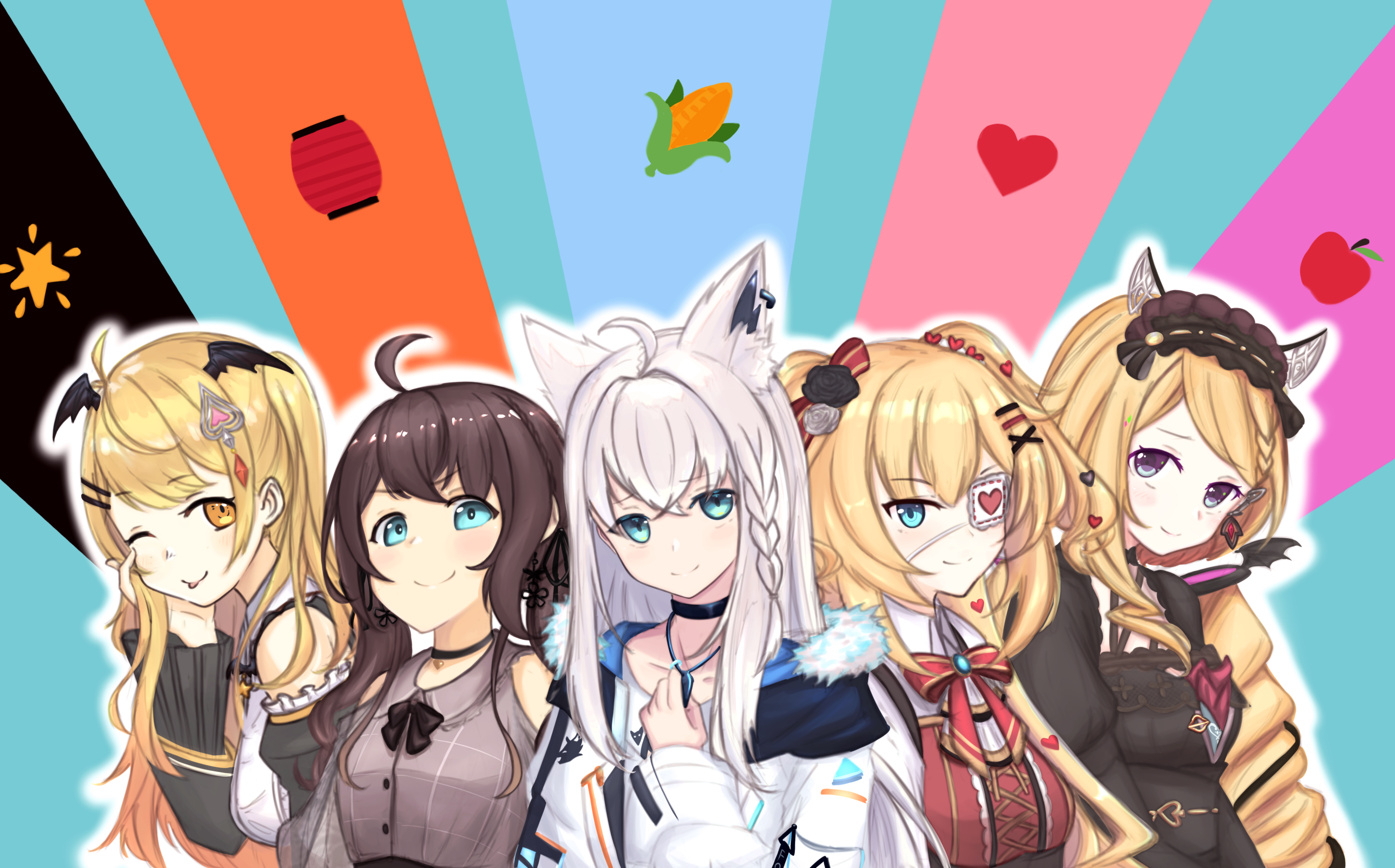 Hololive Virtual YouTubers Shirakami Fubuki, Aki Rosenthal, Yozora Mel, Natsuiro Matsuri, Akai Haato 4K HD Wallpaper