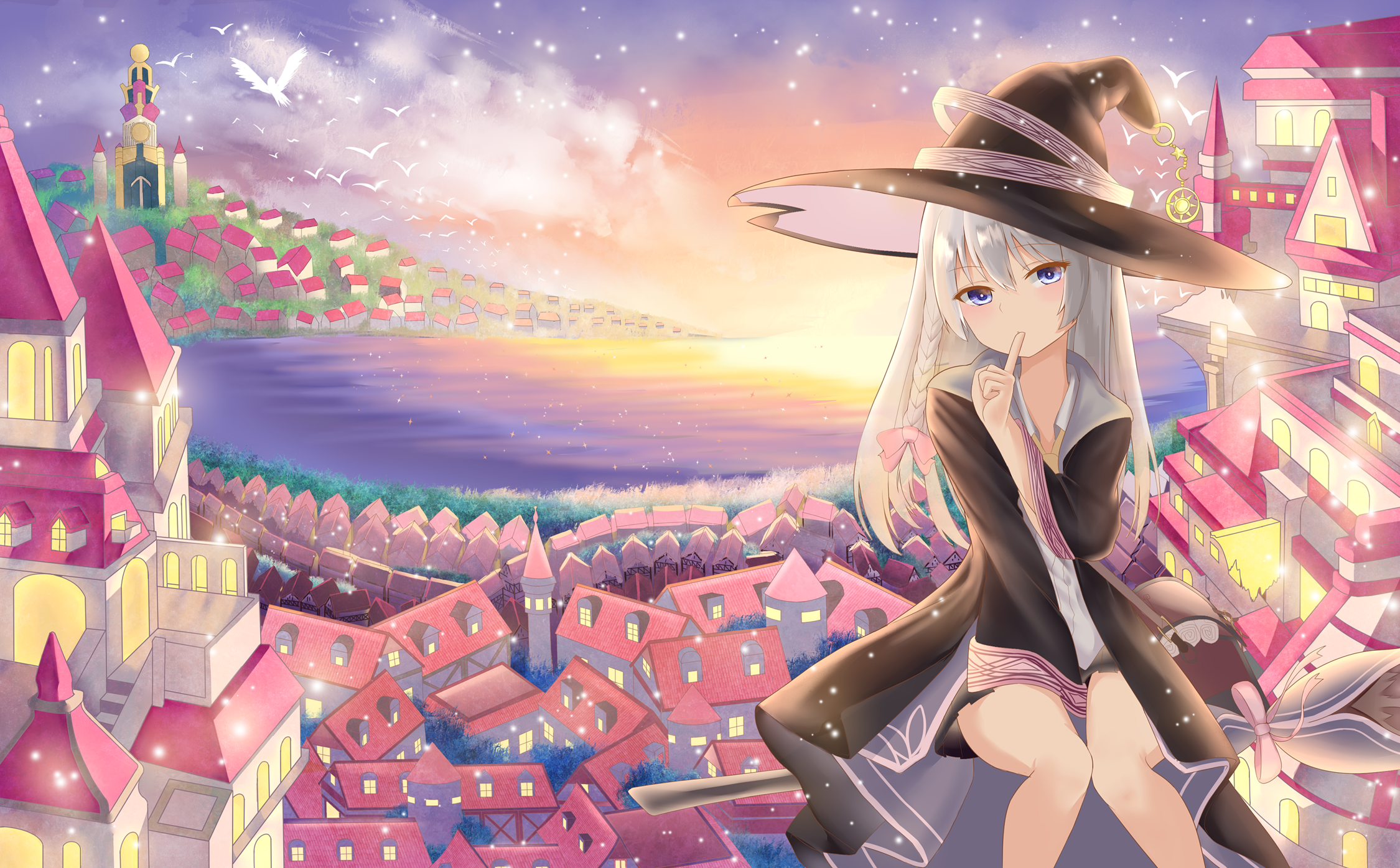 Elaina from The Journey of Elaina sitting on a broomstick HD Wallpaper