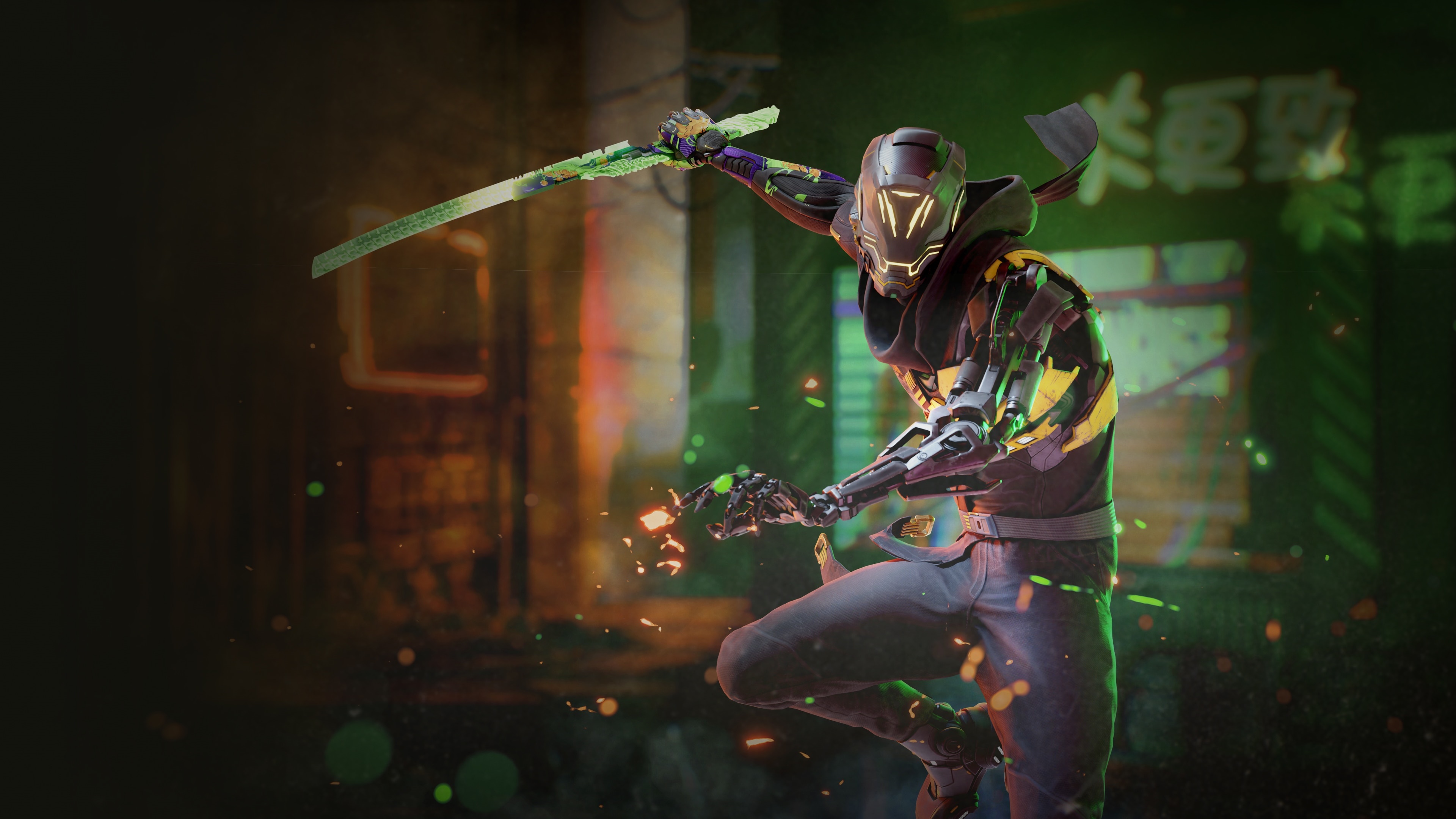 Ghostrunner in action with a glowing sword HD Wallpaper