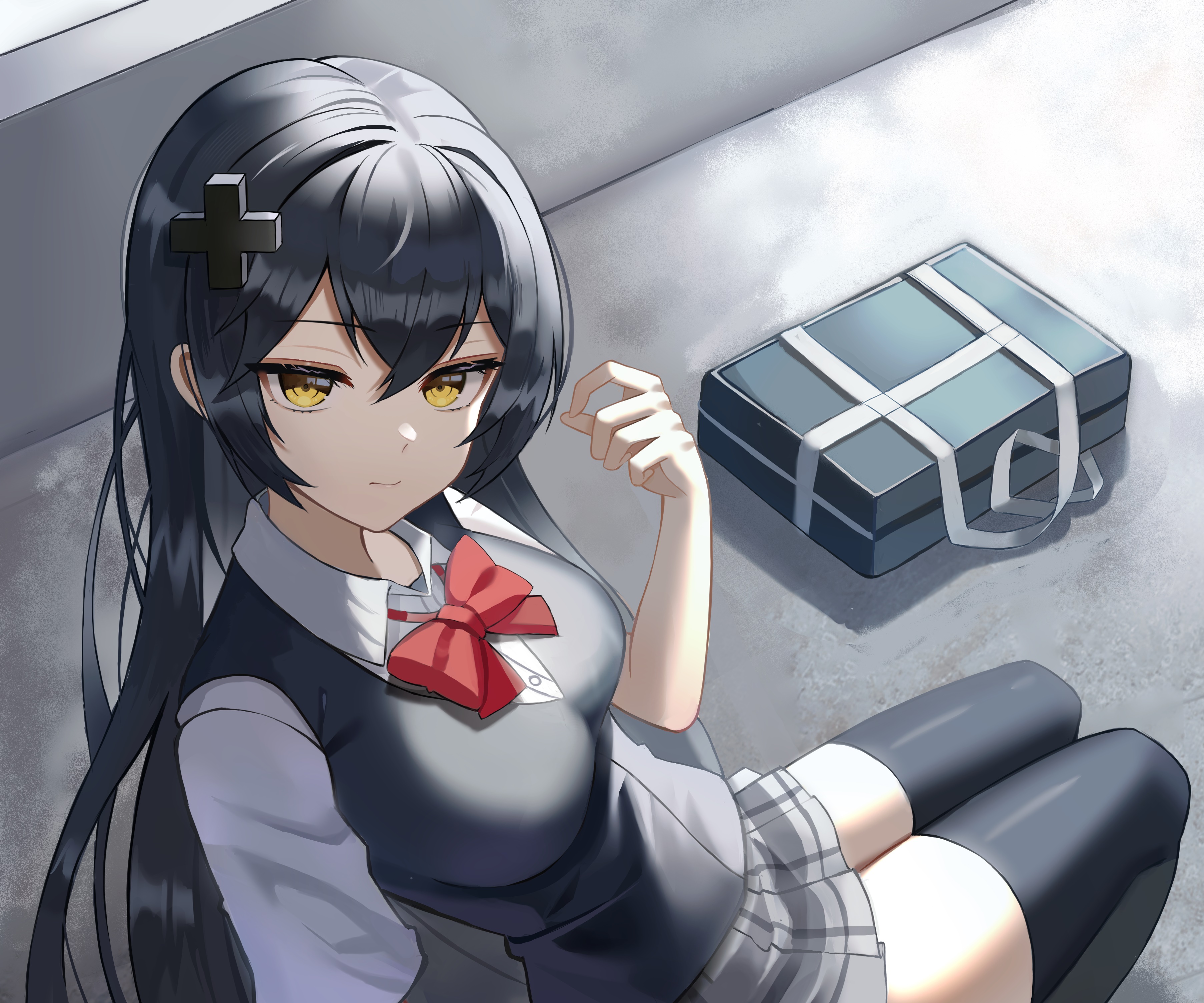 Girl with black hair and yellow eyes in school uniform HD Wallpaper