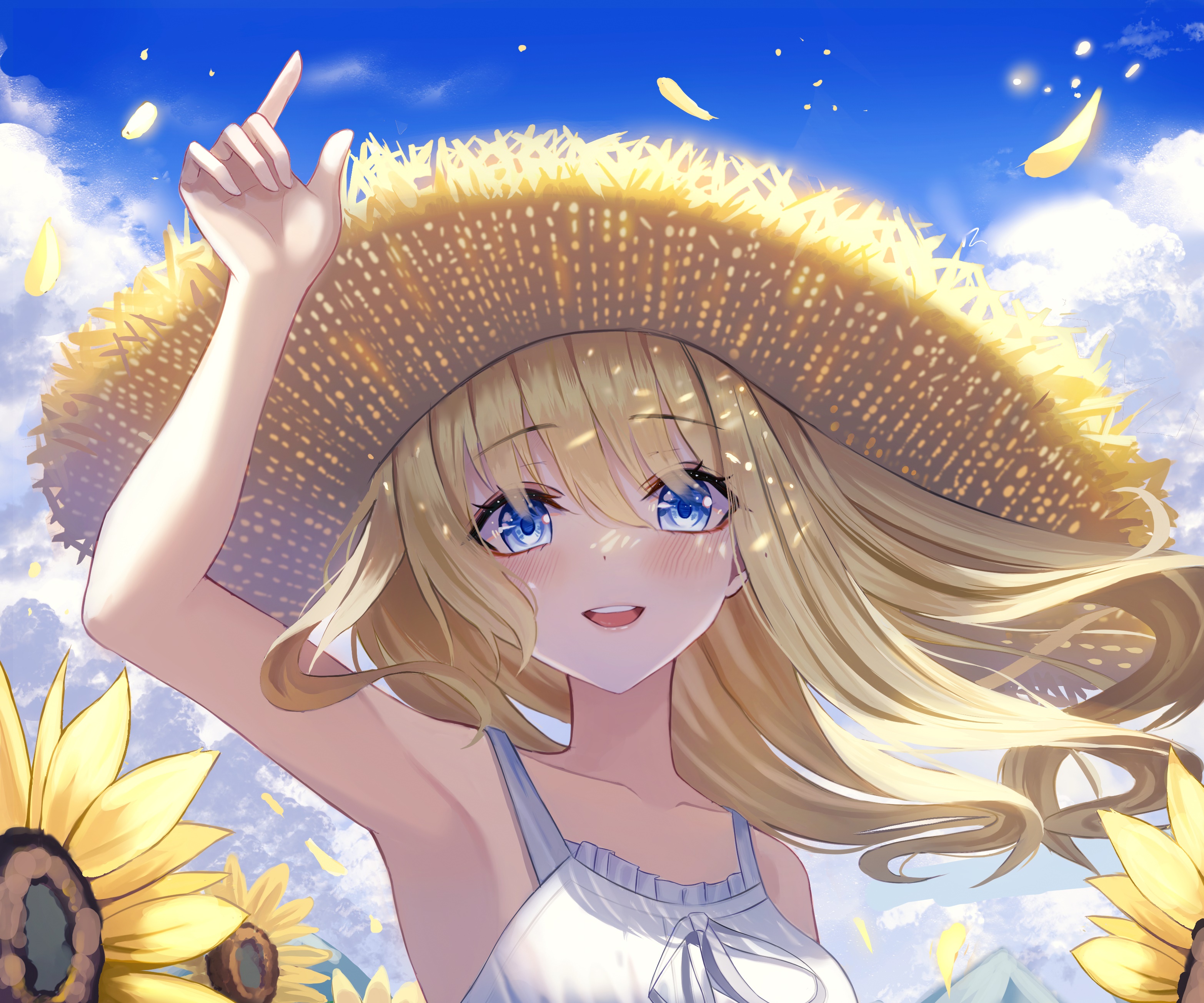 Girl in Straw Hat with Sunflowers HD Wallpaper