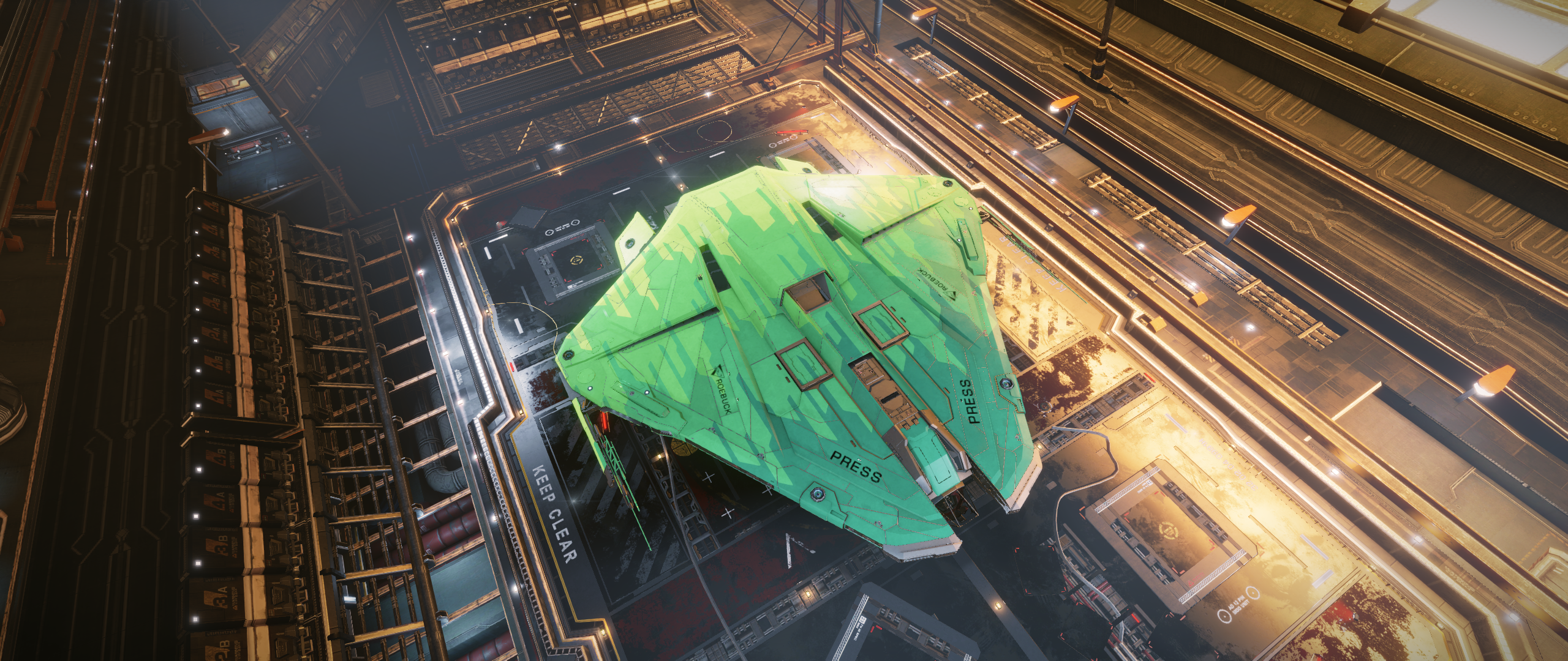 Green spaceship in a futuristic hangar HD Wallpaper