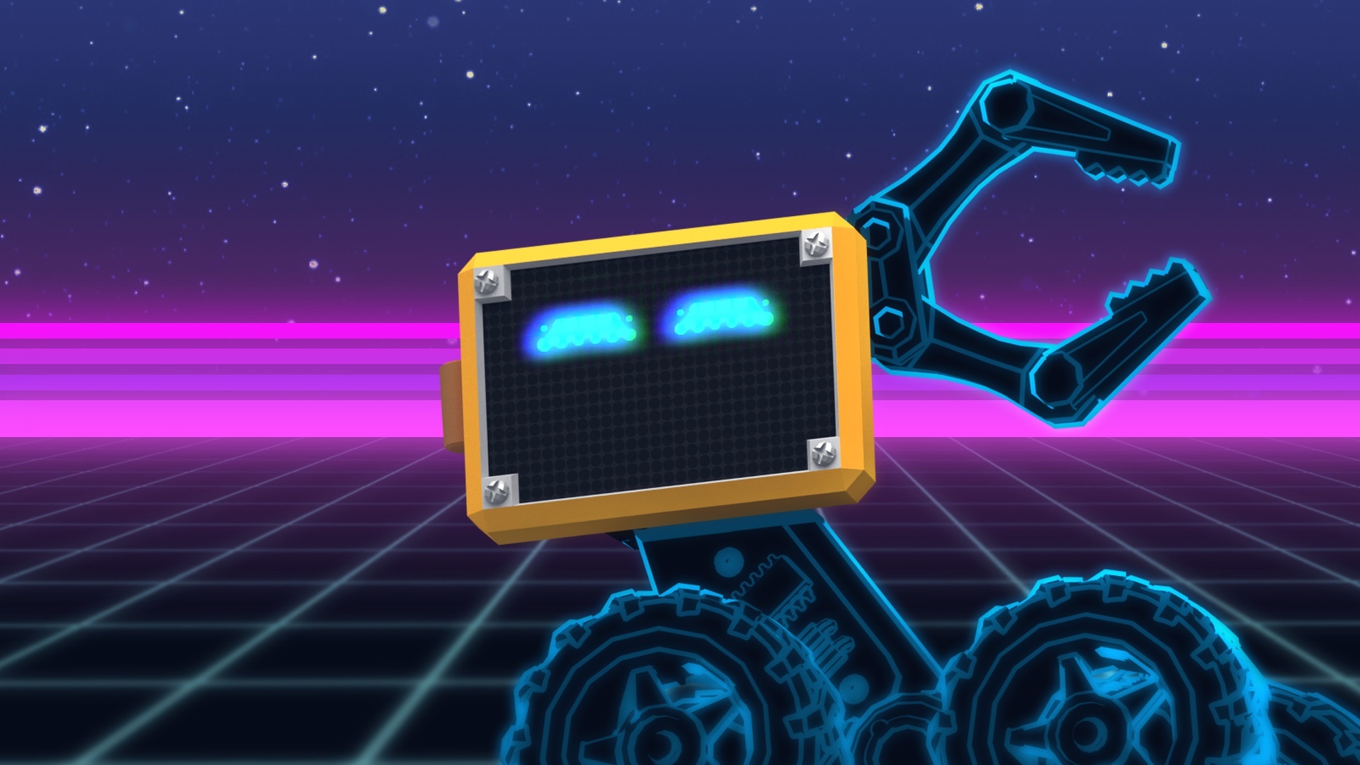 Robot with claw and screen on grid background HD Wallpaper