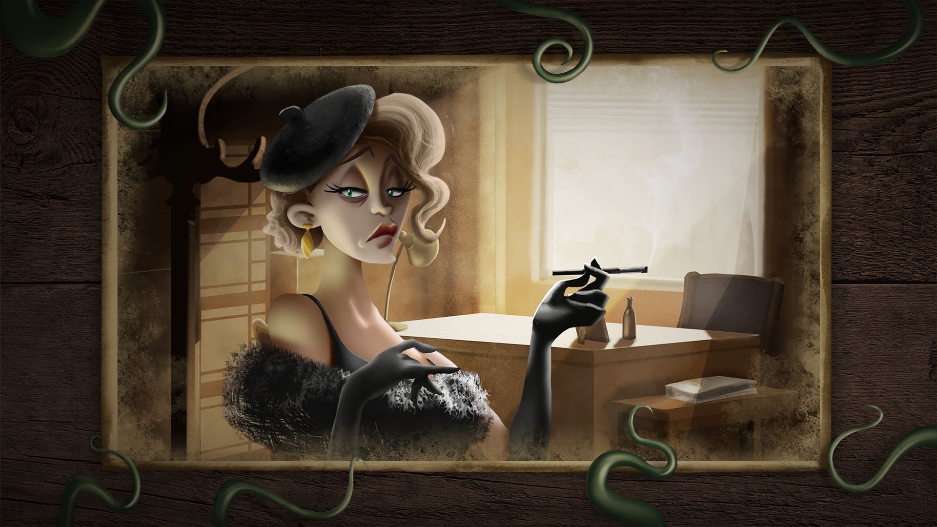 Dahlia Marsh smoking in an office HD Wallpaper
