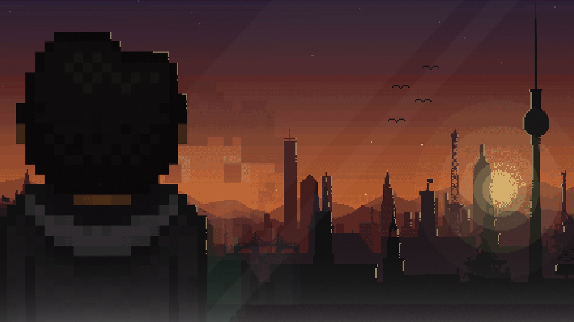 Pixelated person looking at a city skyline at sunset HD Wallpaper