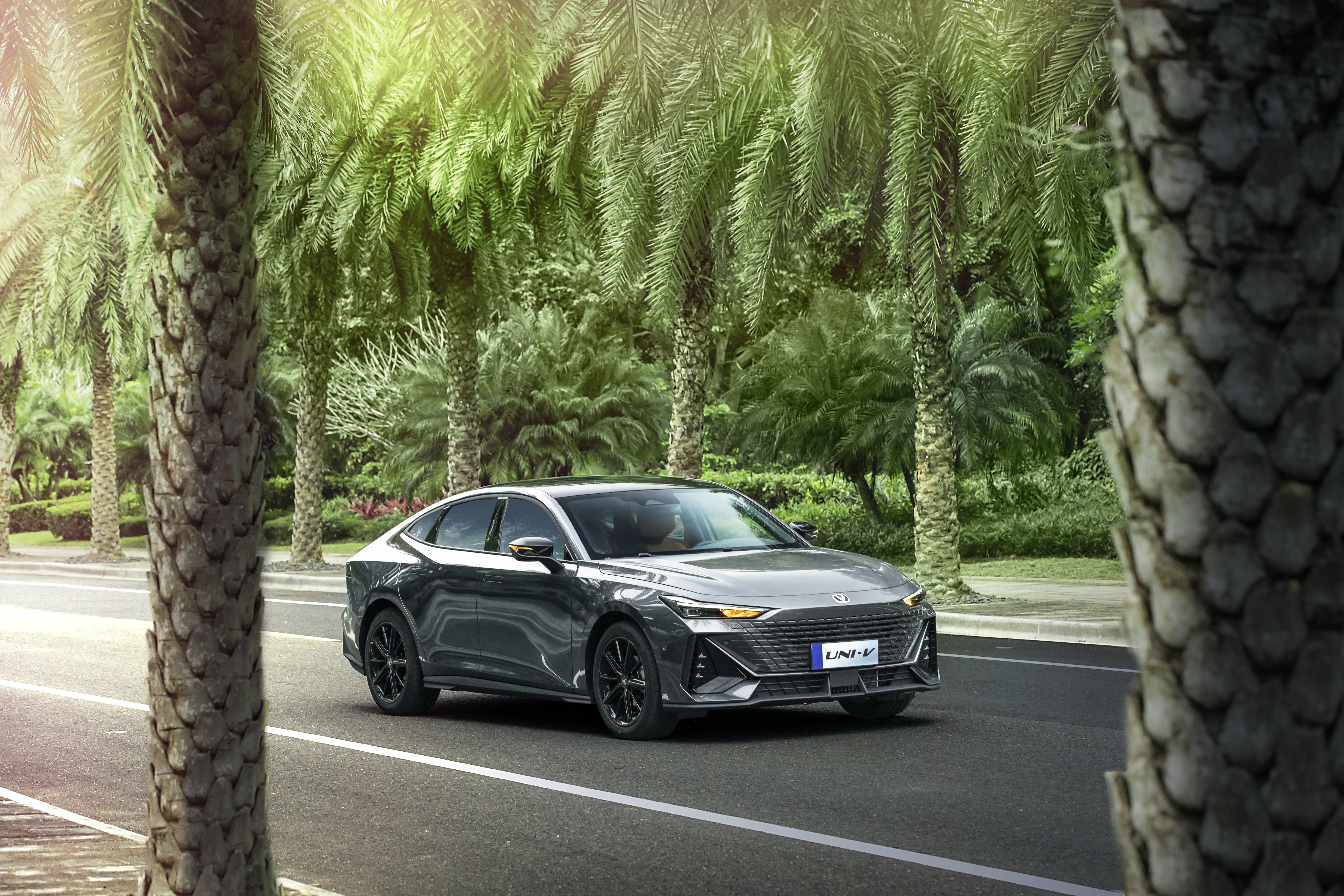 Changan UNI-V driving on a road lined with palm trees HD Wallpaper