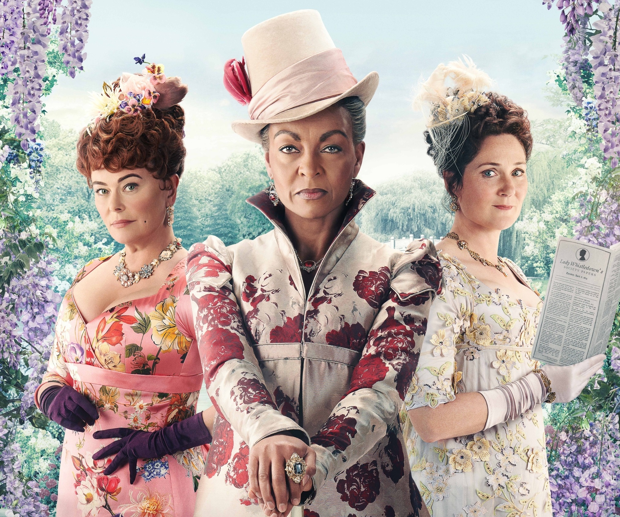Bridgerton characters in floral dresses HD Wallpaper