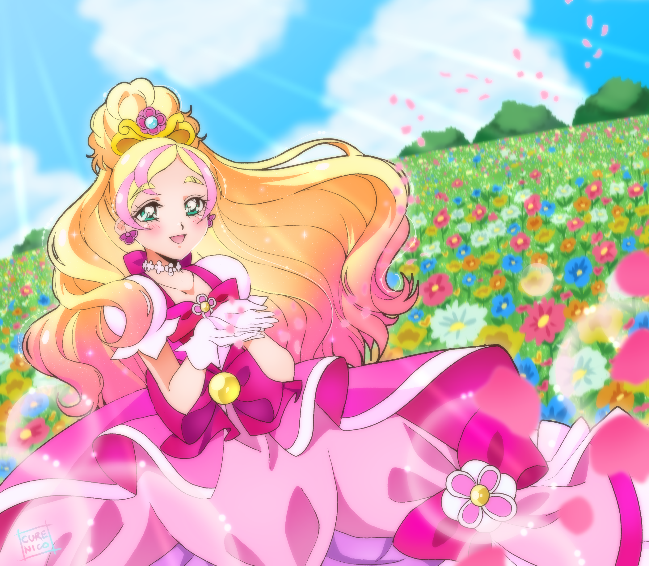 Cure Flora from Go! Princess Pretty Cure in a flower field HD Wallpaper