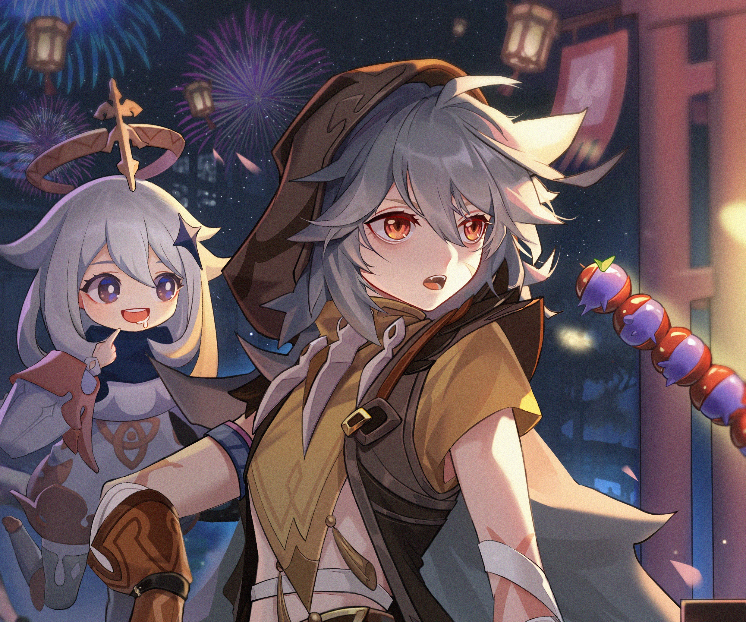Paimon and Razor from Genshin Impact at a festival HD Wallpaper