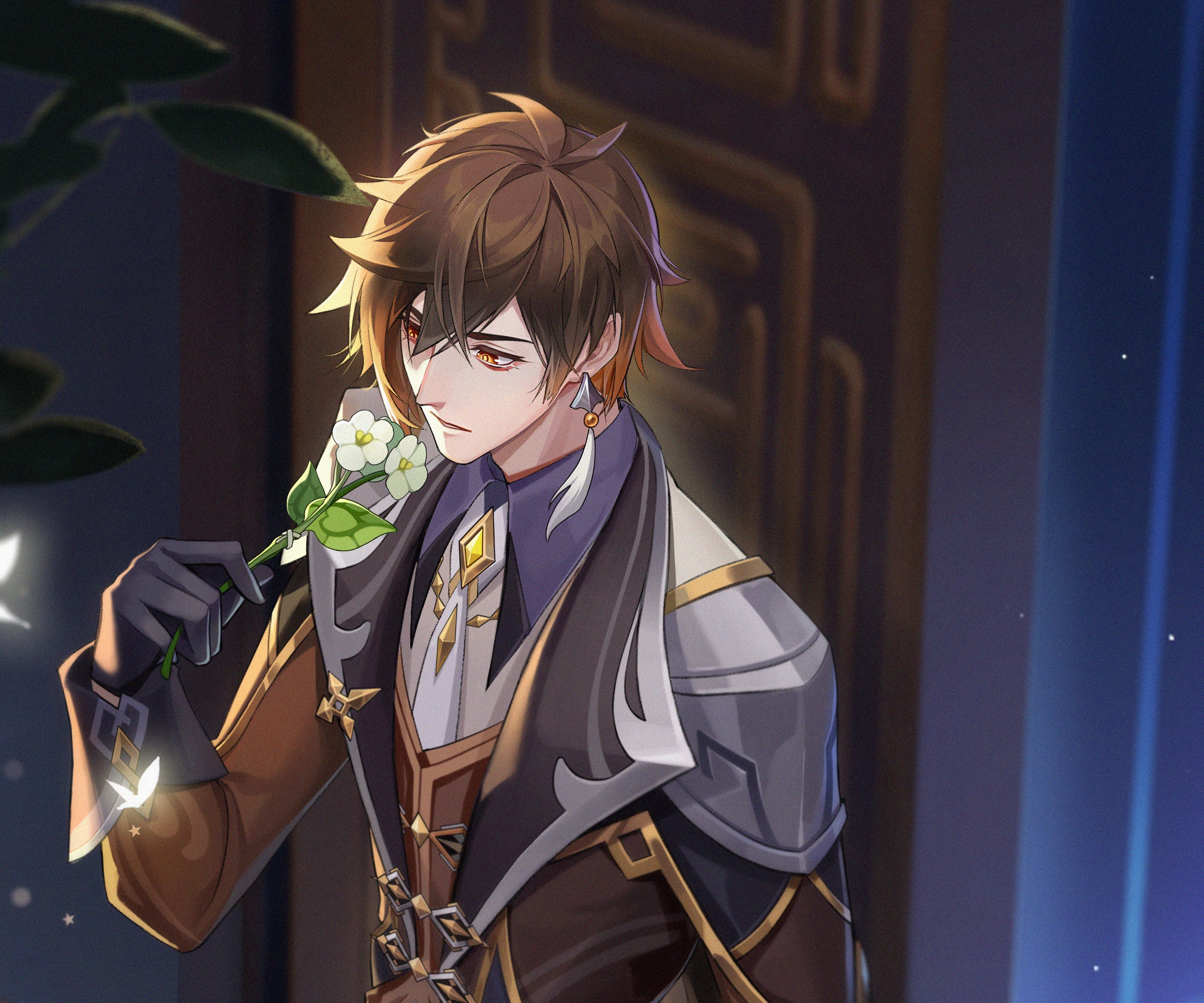 Zhongli from Genshin Impact holding a flower HD Wallpaper