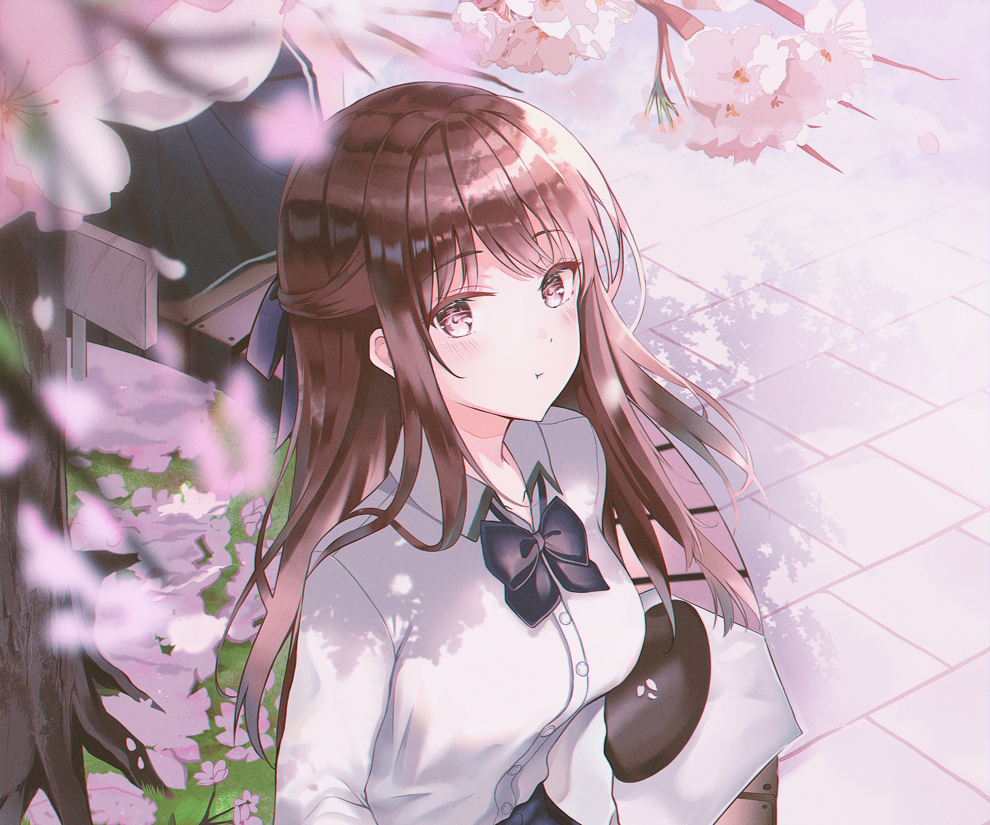 Anime girl in school uniform under cherry blossoms HD Wallpaper