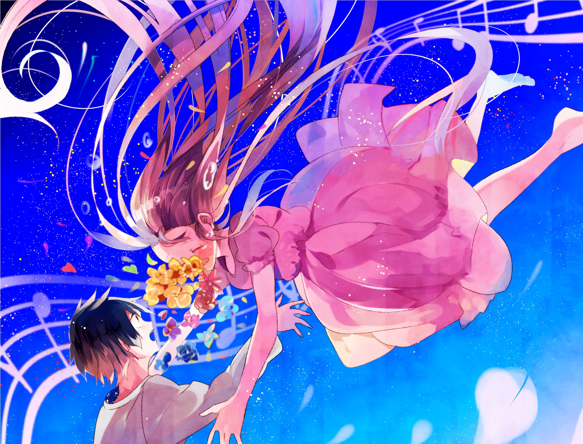 Couple falling through a blue sky with musical notes HD Wallpaper