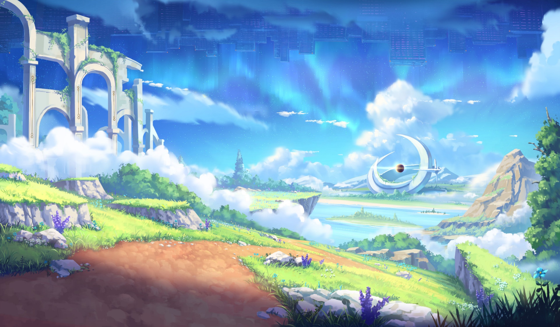 Fantasy landscape with ancient ruins and aurora HD Wallpaper