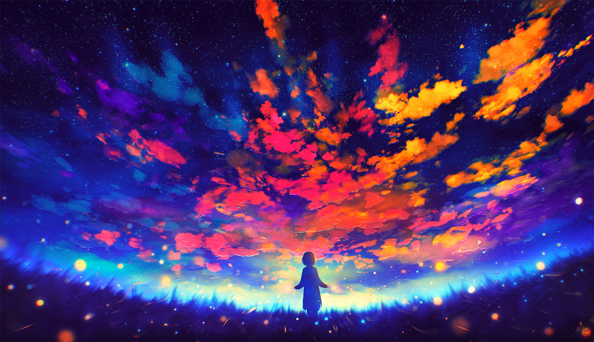 A child gazes at a colorful night sky HD Wallpaper