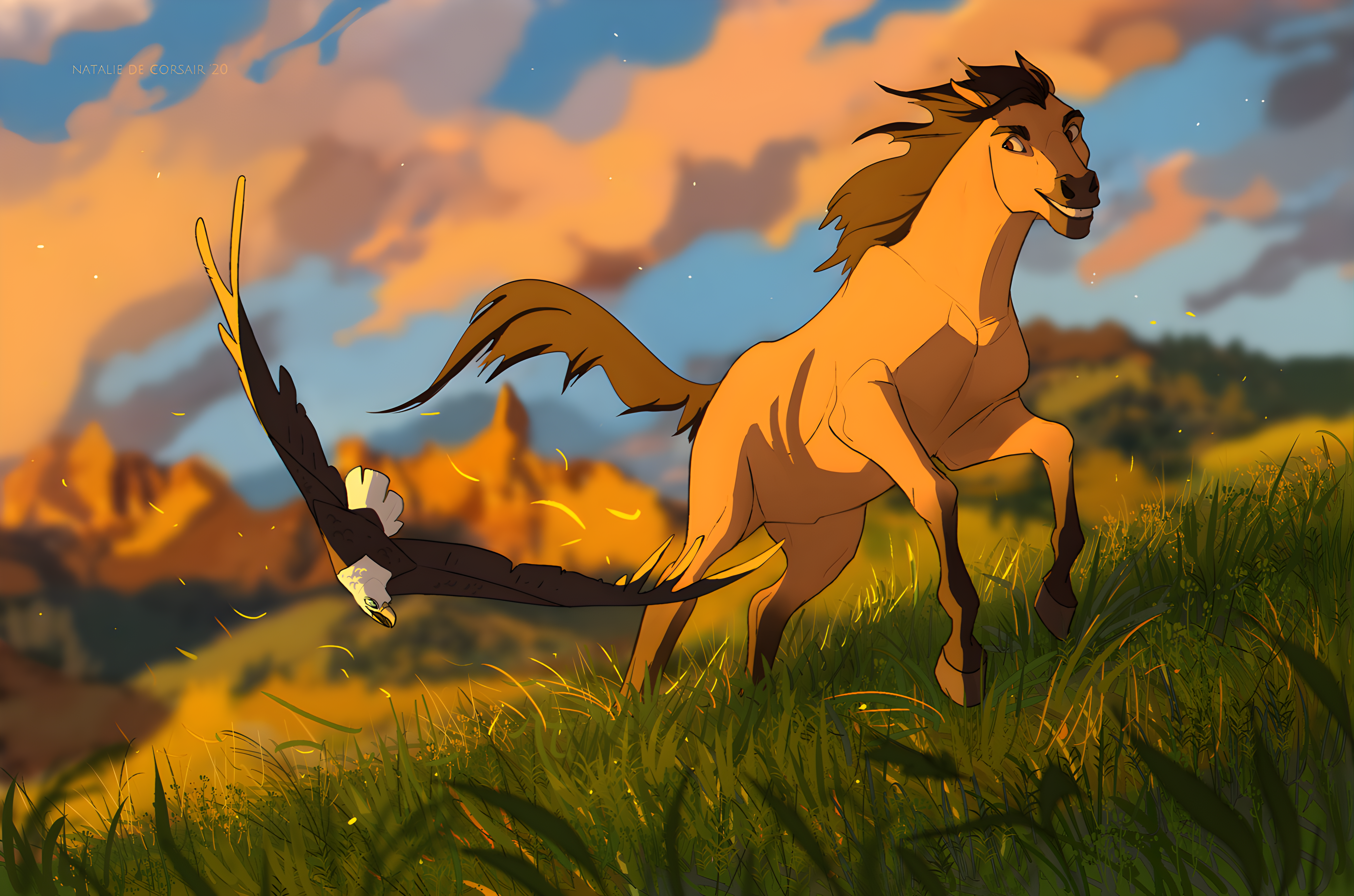 Spirit the Horse and Eagle in a Field HD Wallpaper
