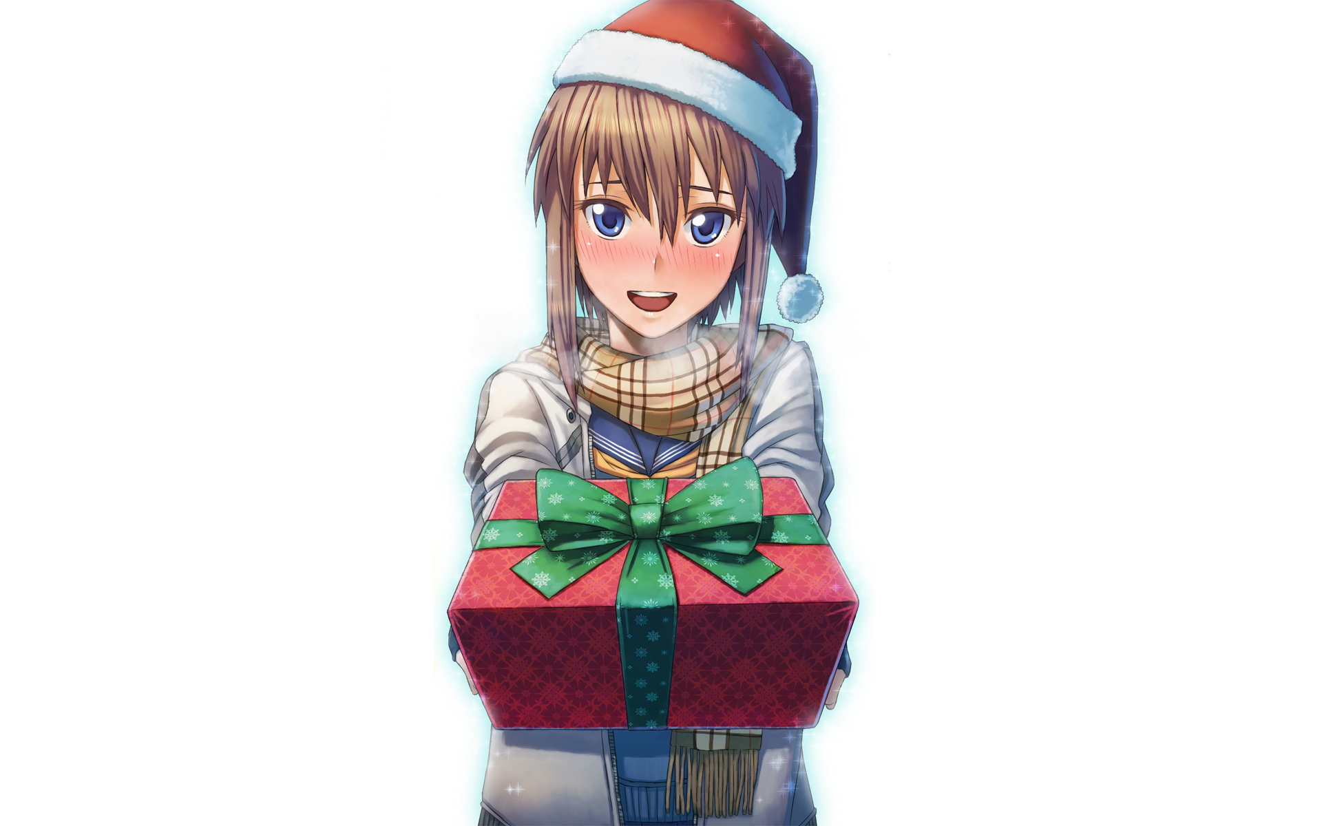 Girl in Santa hat holding a gift HD Wallpaper