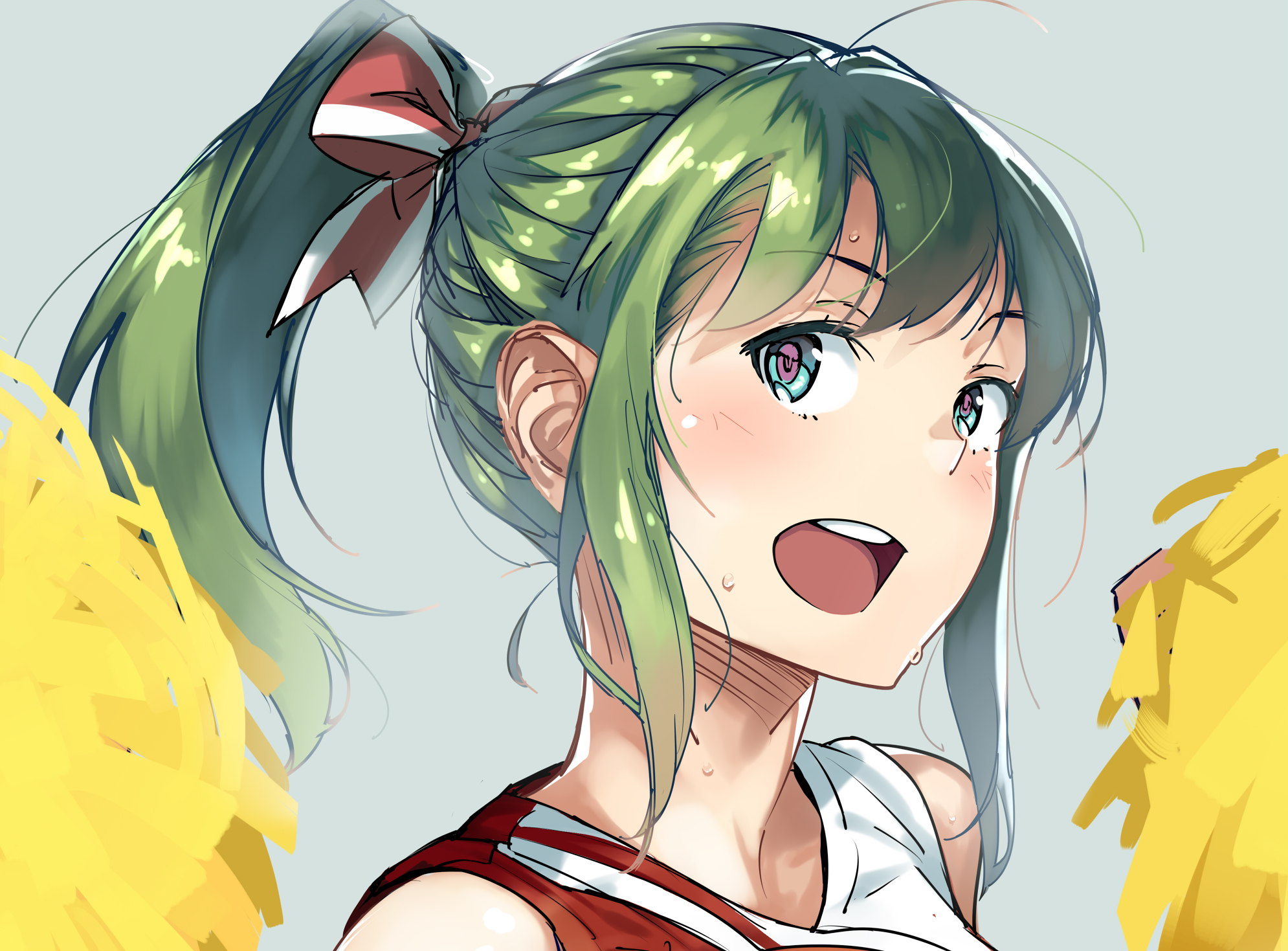 Anime girl with green hair and pom-poms HD Wallpaper