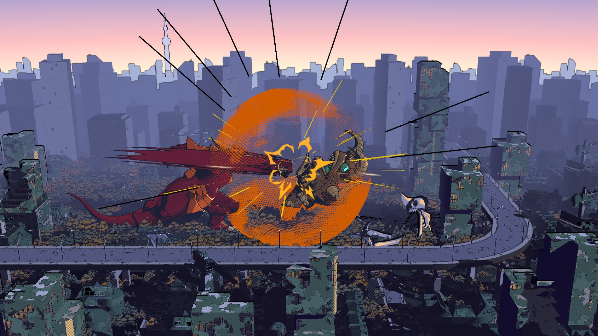 Dawn of the Monsters: Kaiju battle in ruined city HD Wallpaper