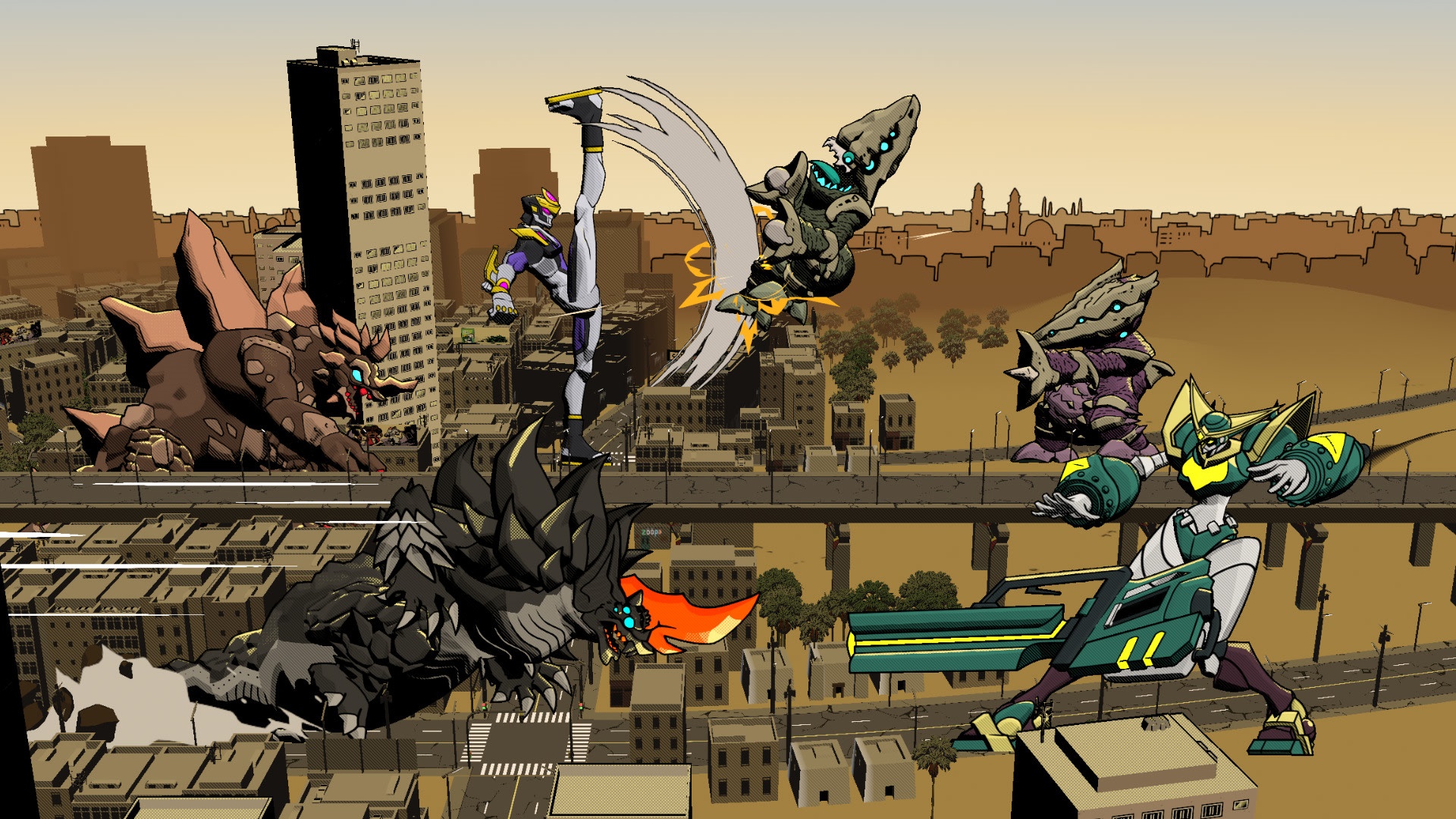 Dawn of the Monsters: Kaiju battle in a city HD Wallpaper