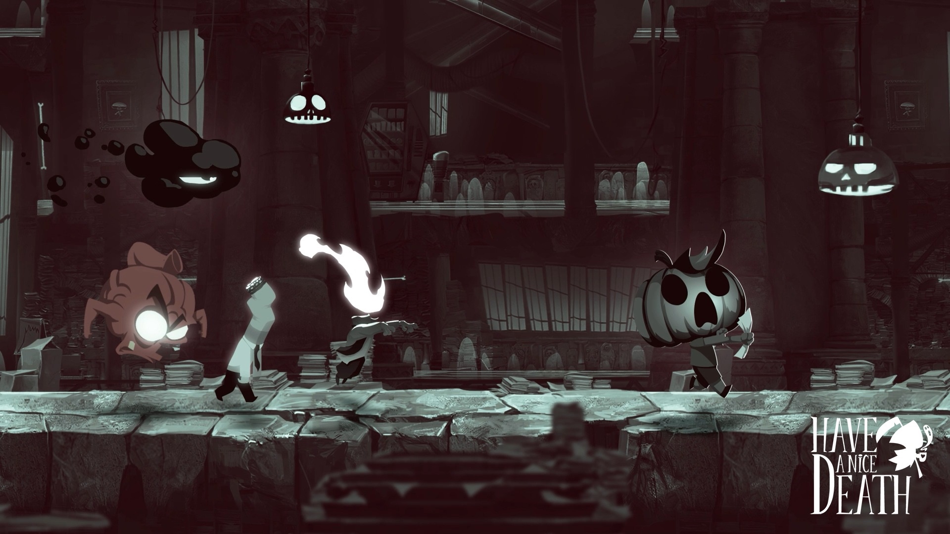 Have A Nice Death characters in a dark room HD Wallpaper