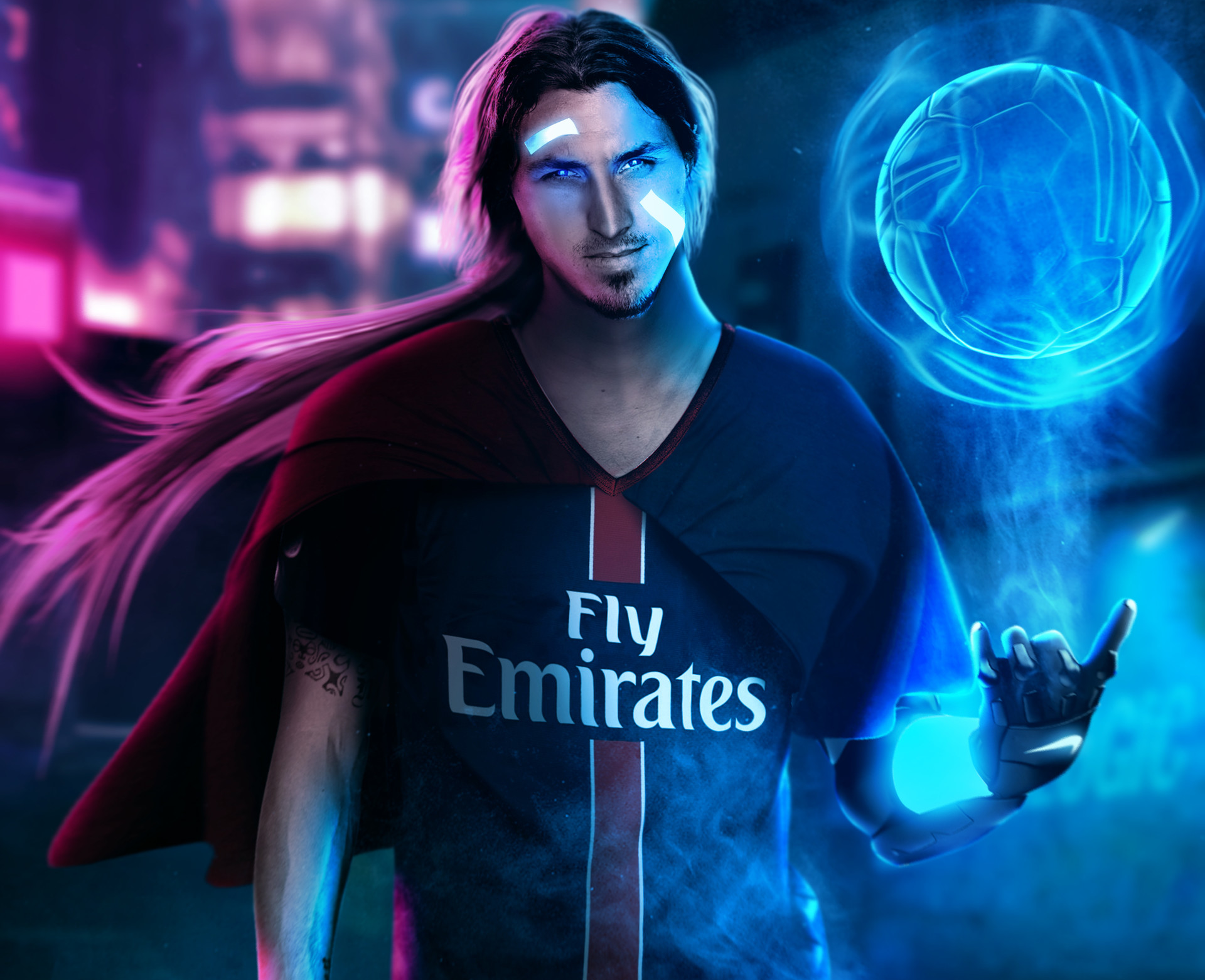 Zlatan Ibrahimovic with glowing soccer ball HD Wallpaper