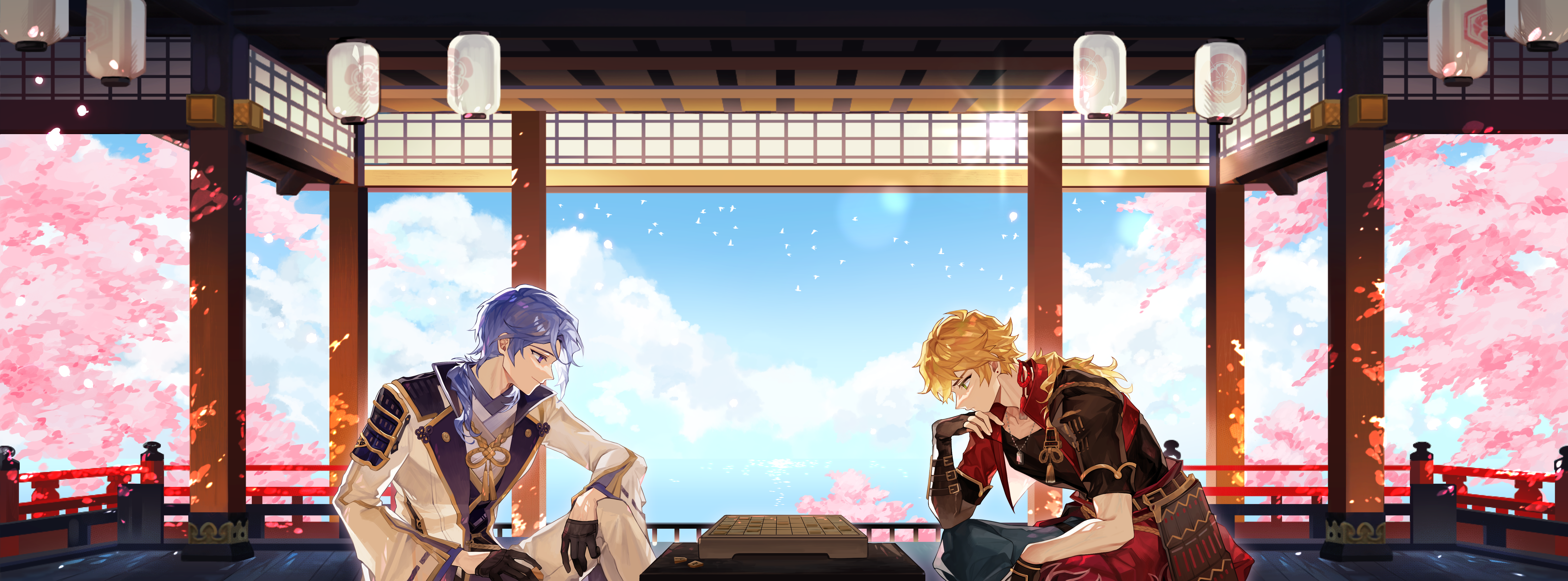 Kamisato Ayato and Thoma from Genshin Impact playing Go HD Wallpaper