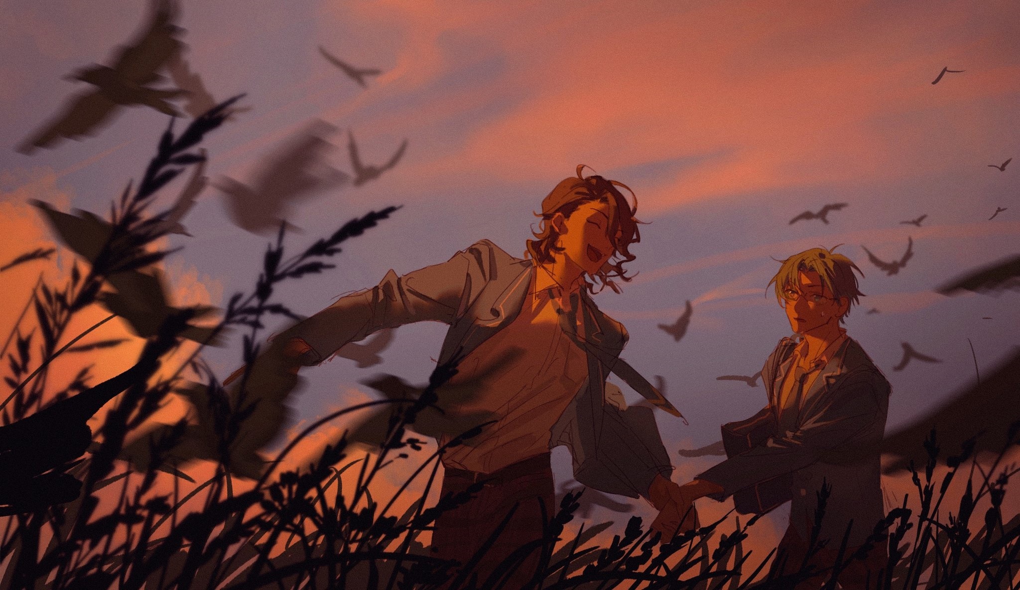 Two young men running through a field at sunset with birds flying HD Wallpaper