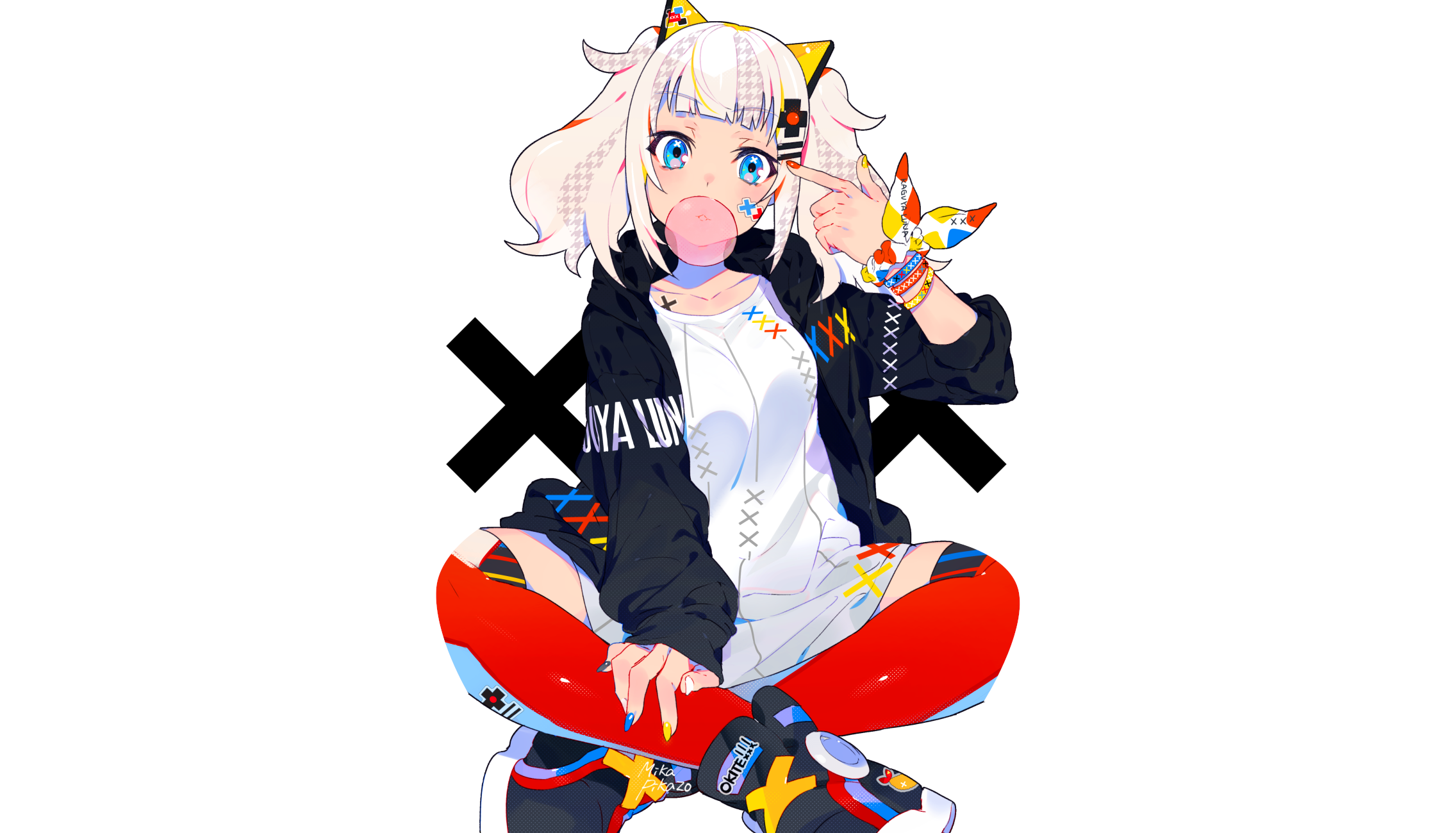 Anime girl with bubble gum and colorful outfit HD Wallpaper