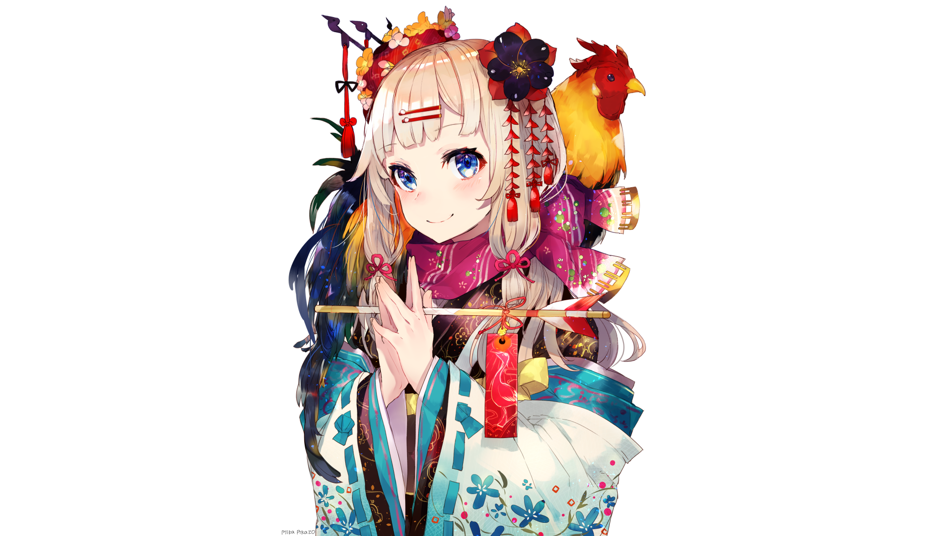 Anime girl with rooster and traditional Japanese attire HD Wallpaper