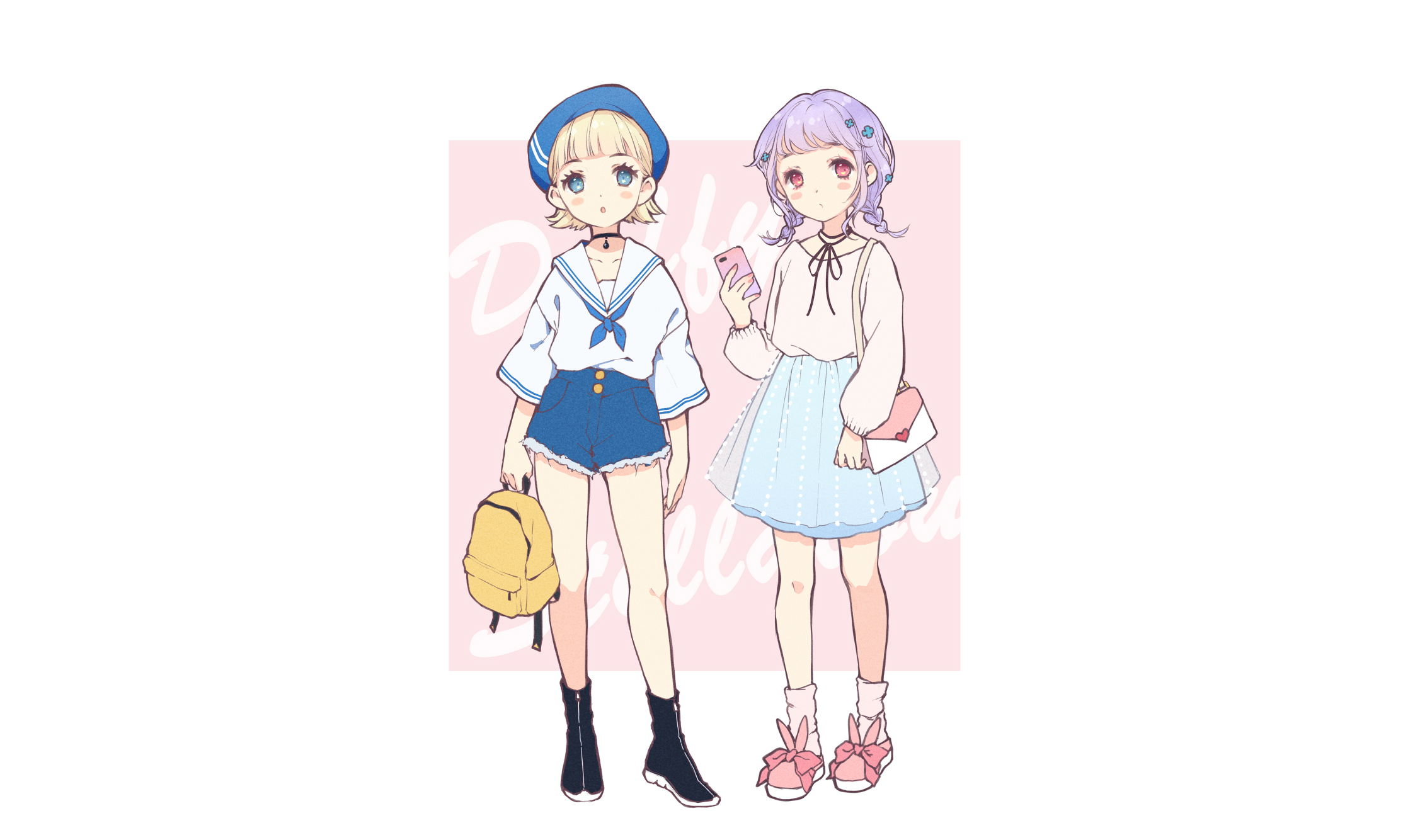 Two anime girls with backpacks and phones HD Wallpaper