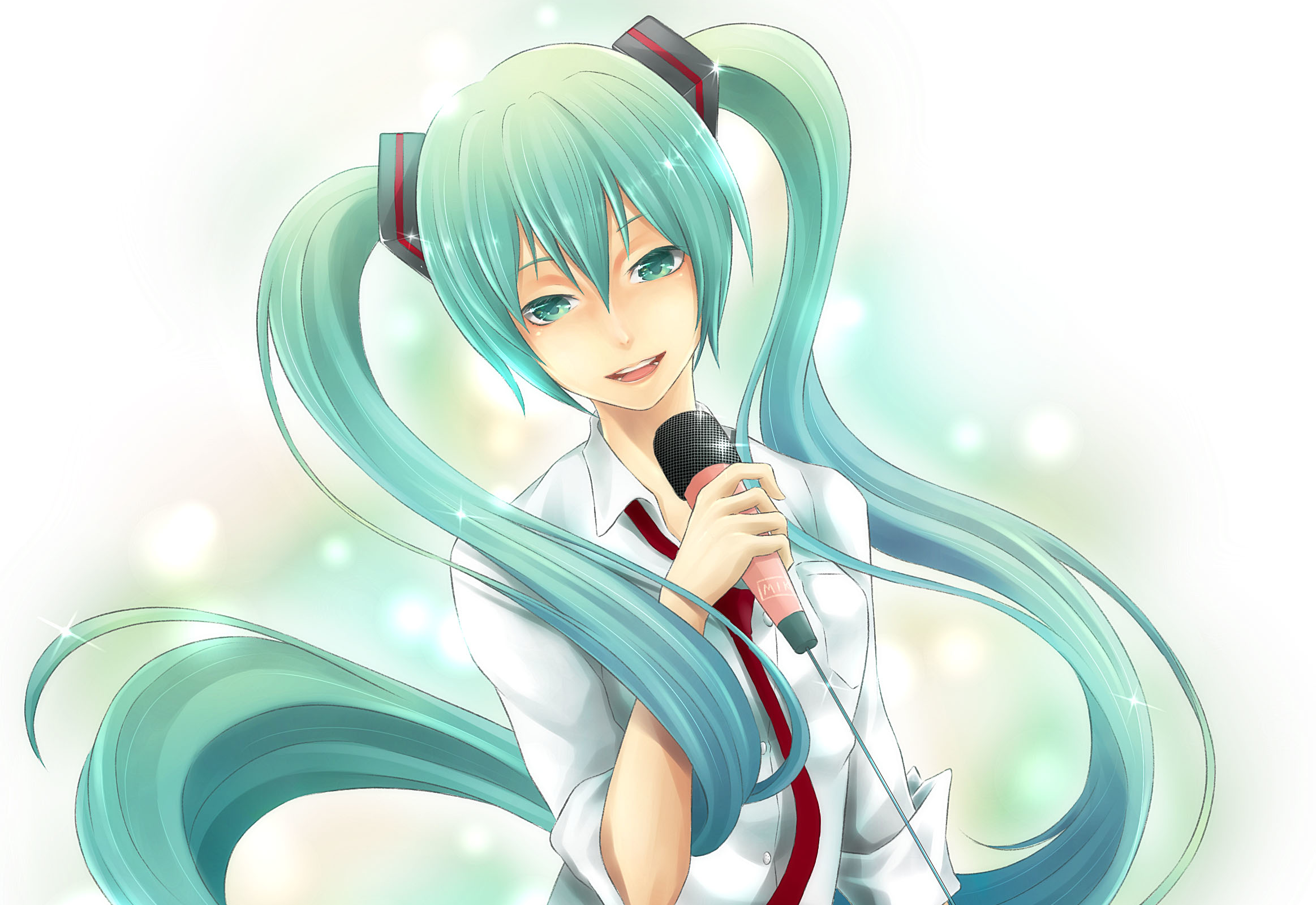 Hatsune Miku singing with a microphone HD Wallpaper
