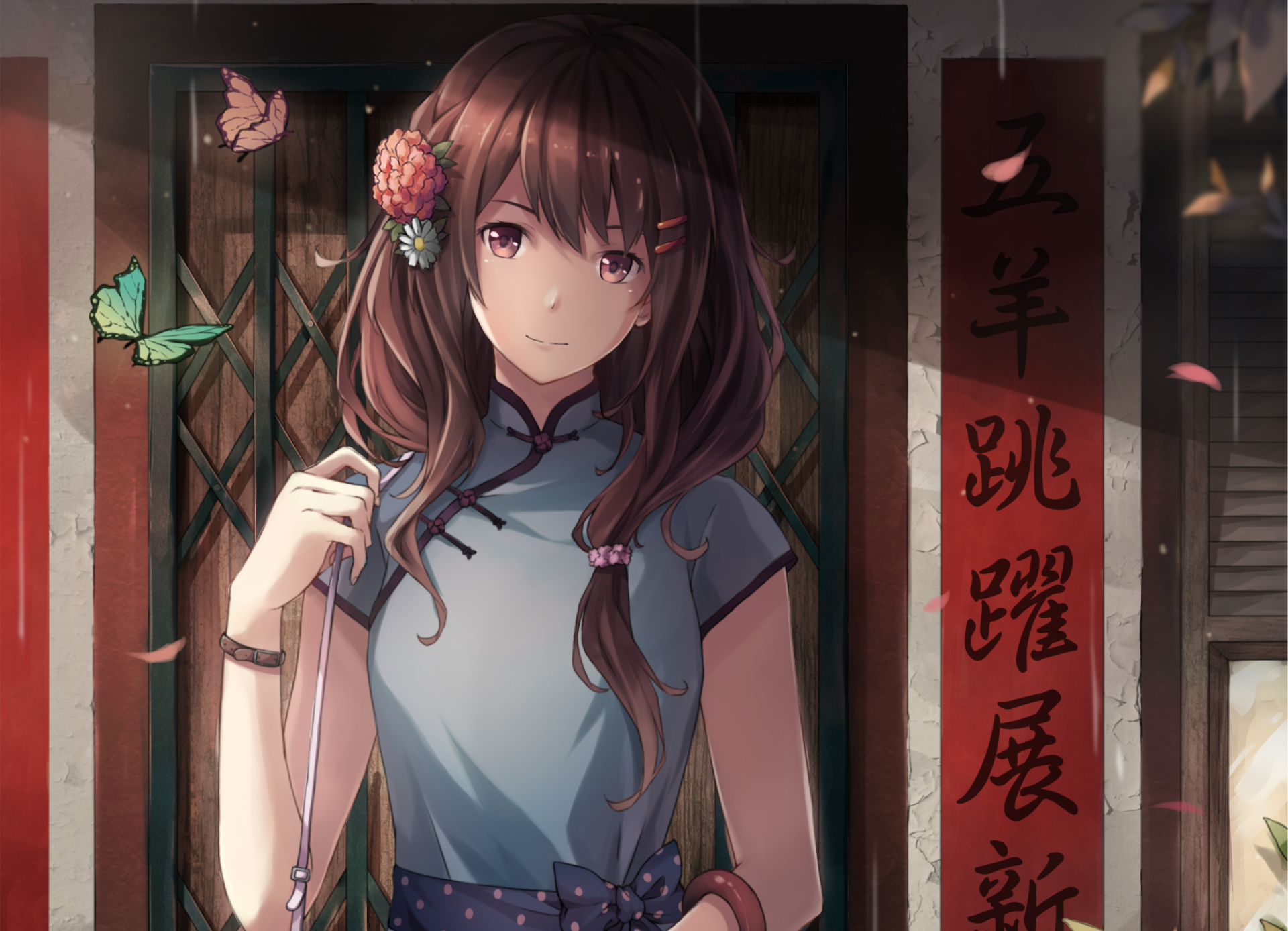 Girl in a blue cheongsam with flowers and butterflies HD Wallpaper