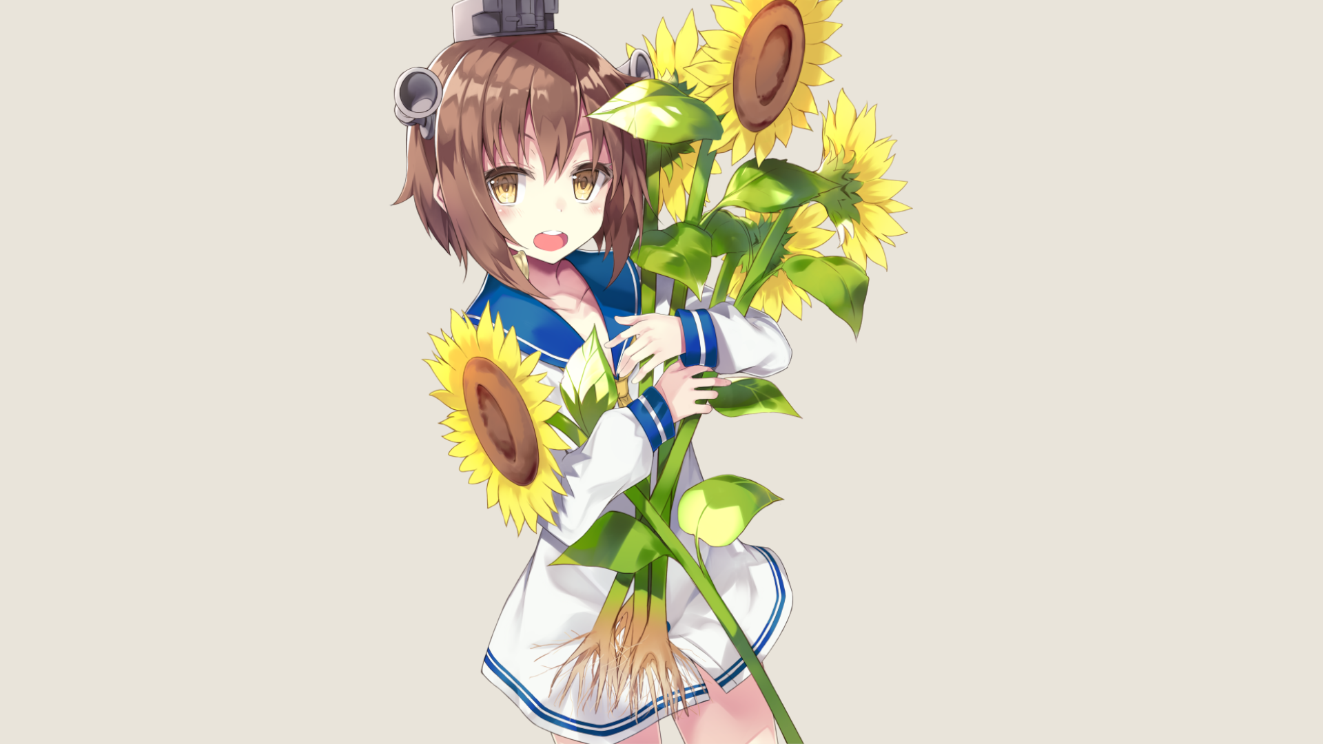 Yukikaze from Kantai Collection holding sunflowers HD Wallpaper