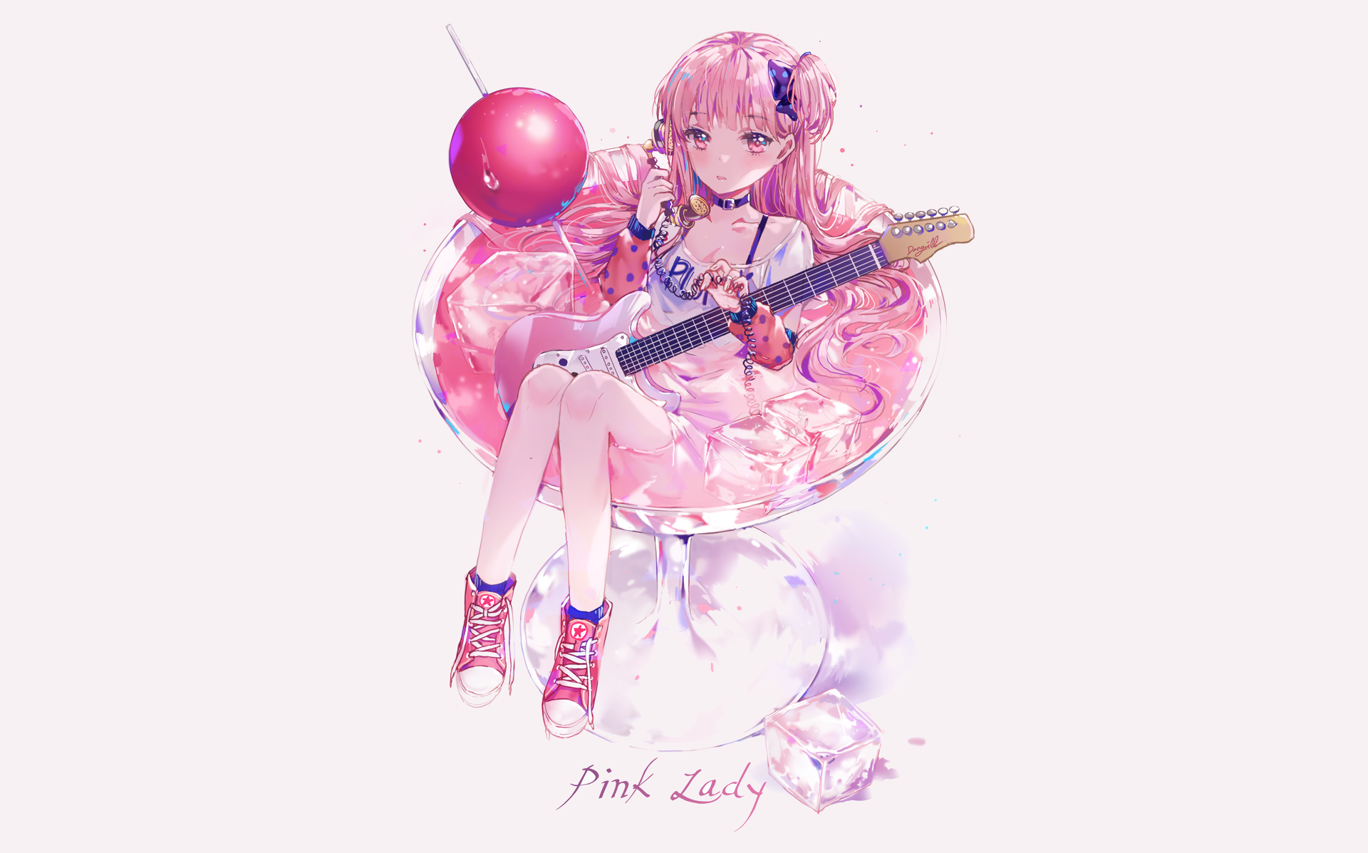 Pink Lady Girl with Guitar in Cocktail HD Wallpaper