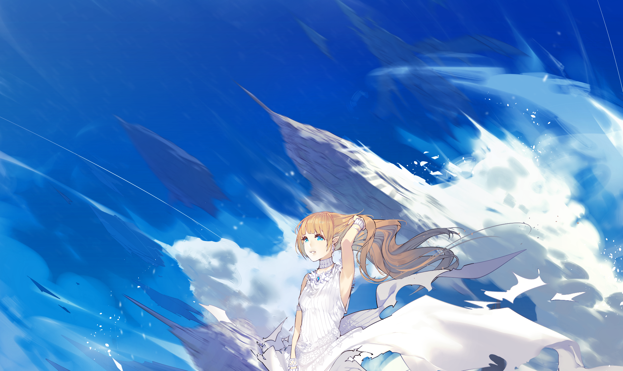 Girl in white dress with blonde hair in the sky HD Wallpaper