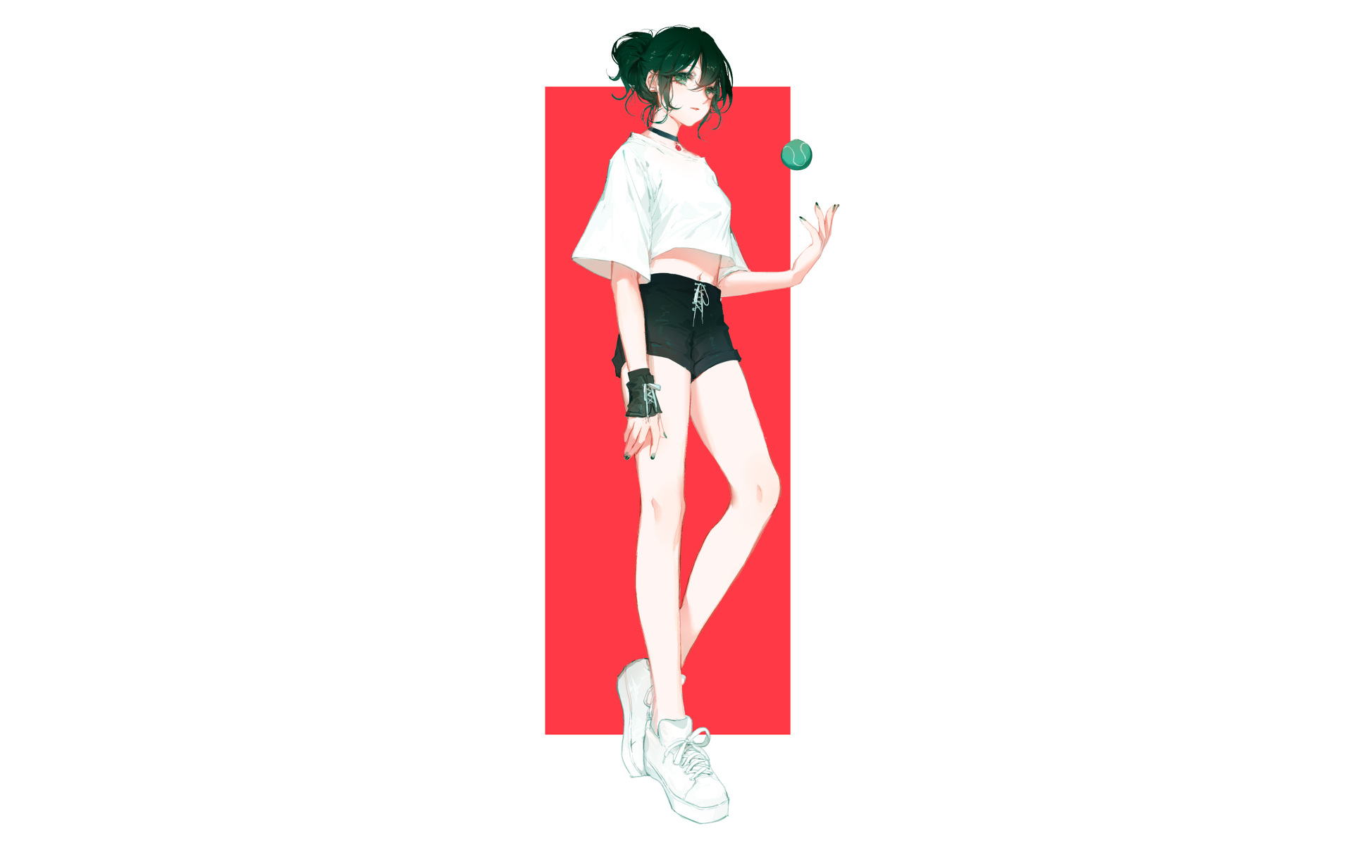 Anime girl in white crop top and black shorts juggling a ball HD Wallpaper