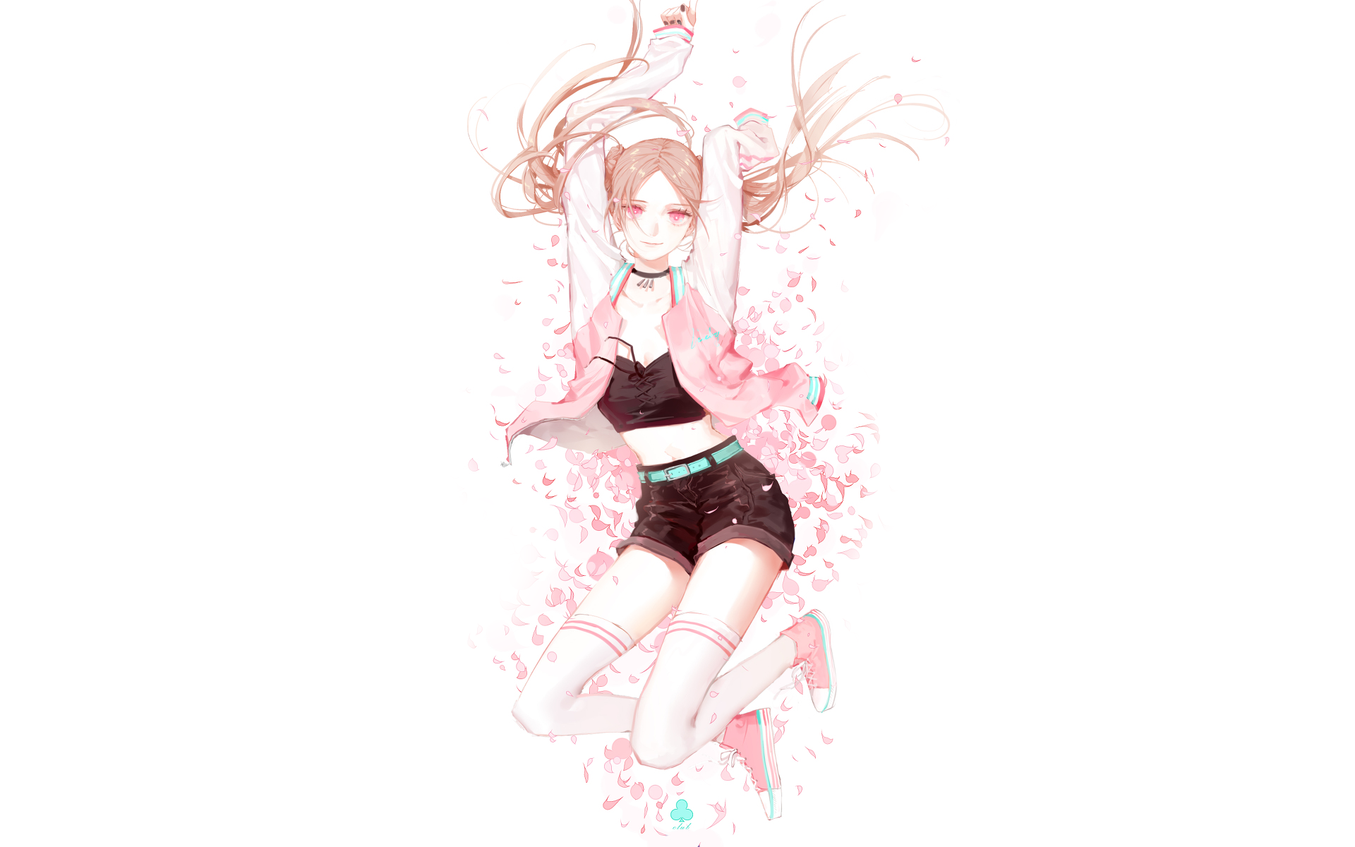 Anime girl with pigtails jumping surrounded by petals HD Wallpaper