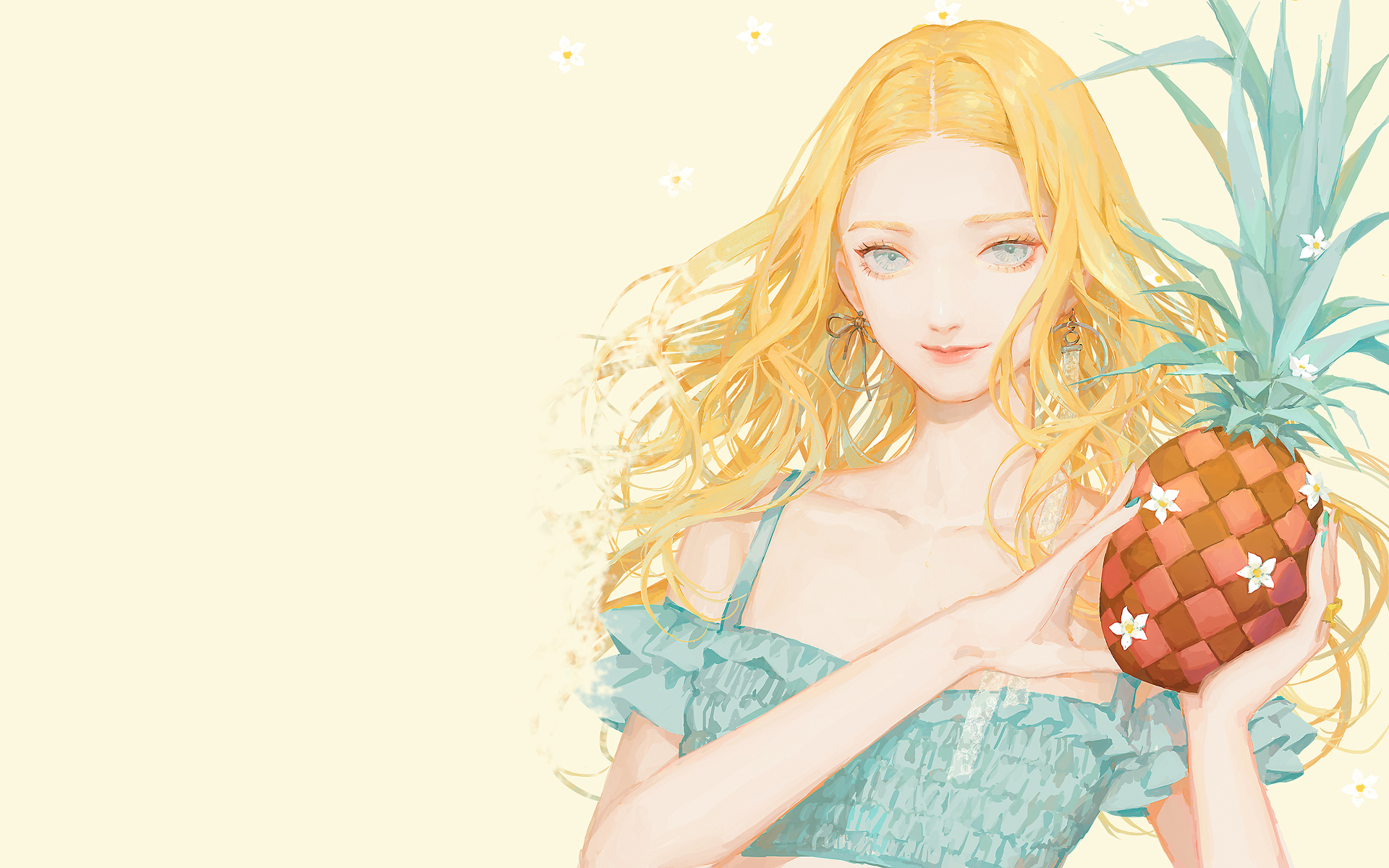 Anime girl with blonde hair holding a pineapple HD Wallpaper