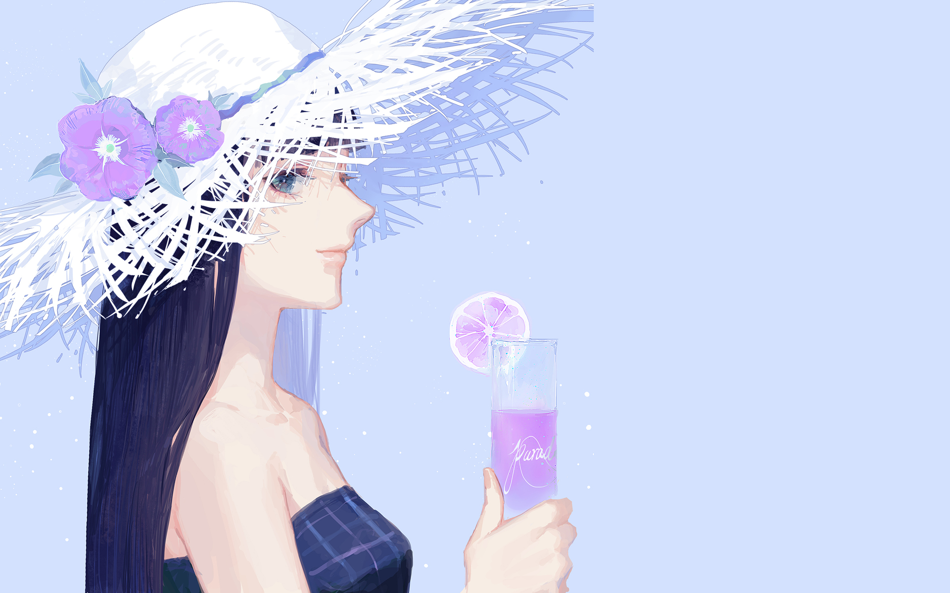Anime girl in a wide-brimmed hat holding a drink HD Wallpaper