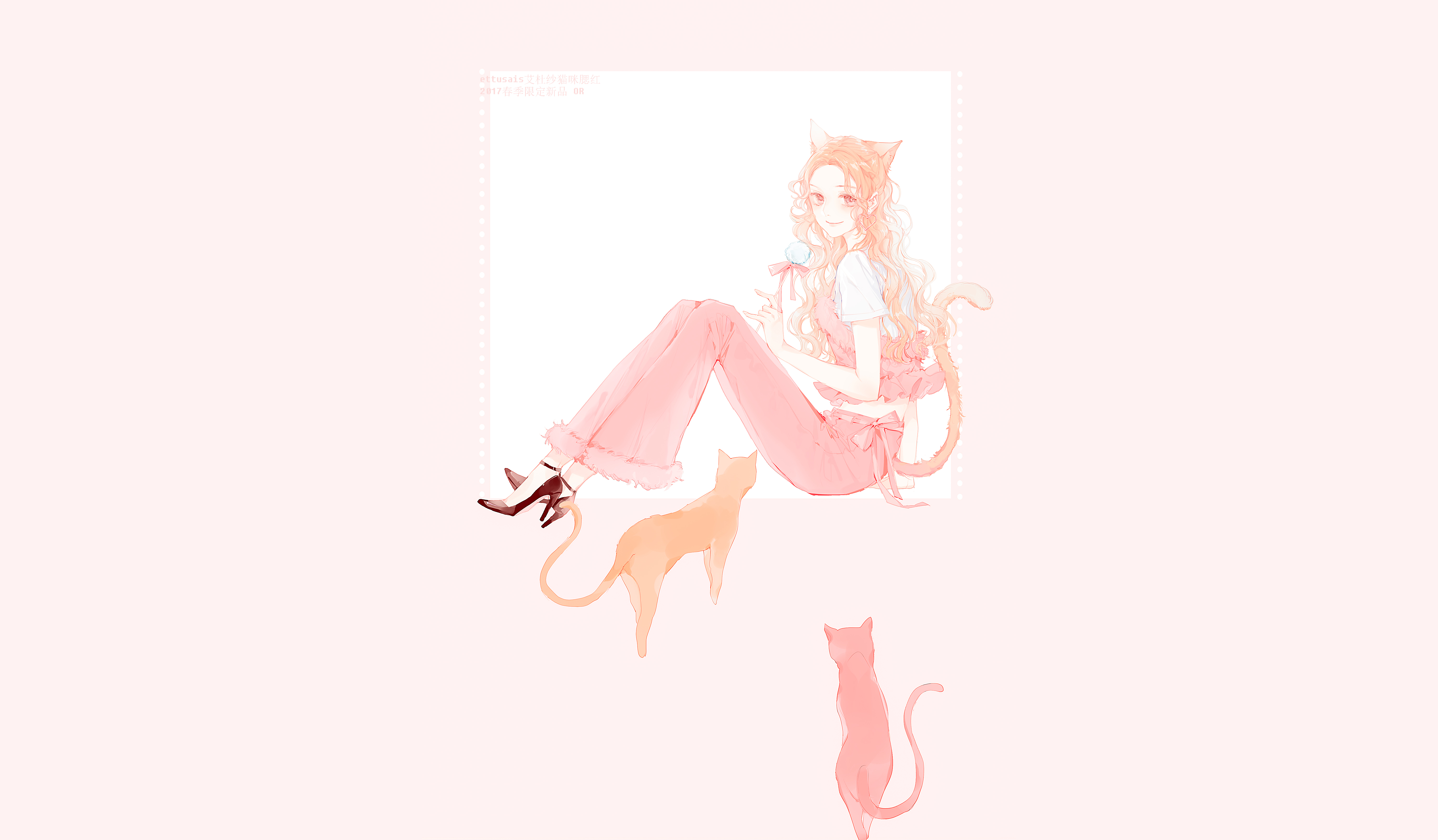 Anime girl with cat ears and tails with cats HD Wallpaper
