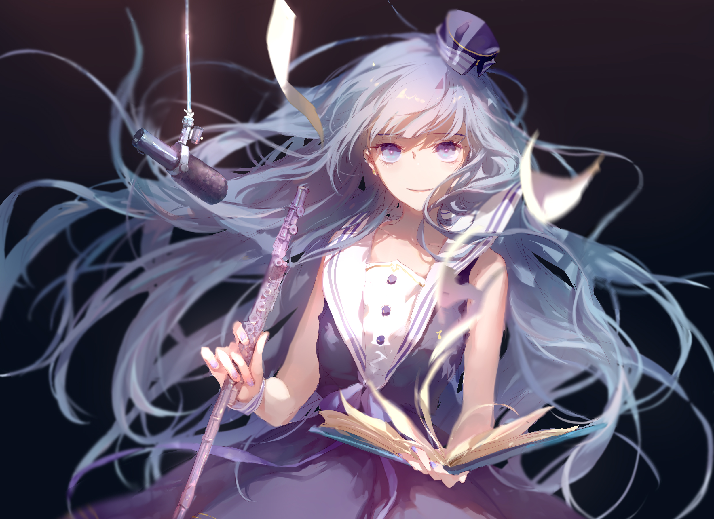 Girl with long blue hair holding a flute and a book HD Wallpaper