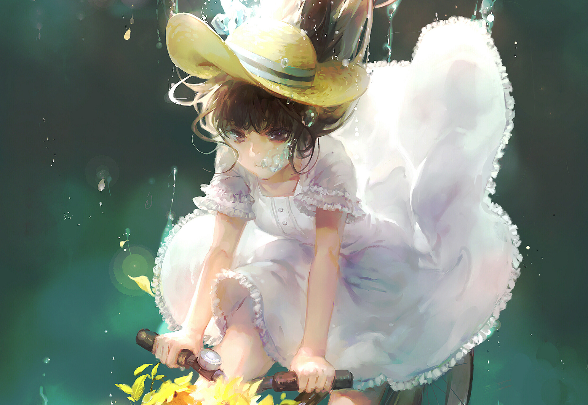 Girl in a white dress and straw hat on a bicycle HD Wallpaper