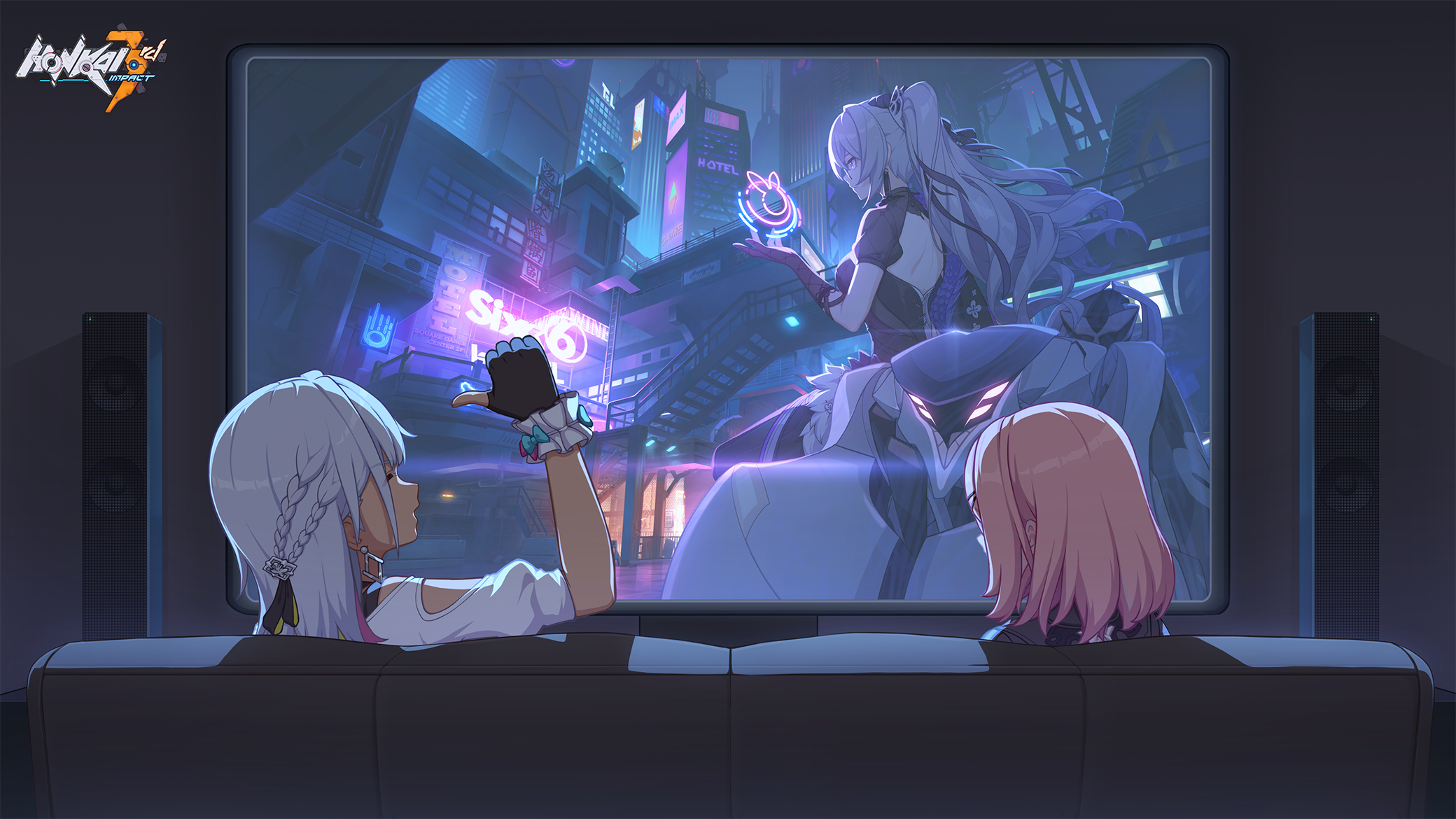 Honkai Impact 3rd characters watching a screen HD Wallpaper