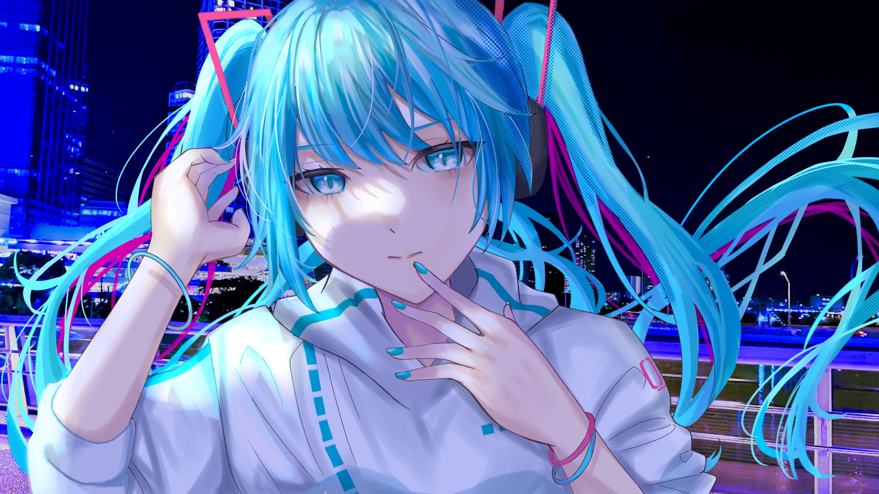 Hatsune Miku from Vocaloid in a city at night HD Wallpaper