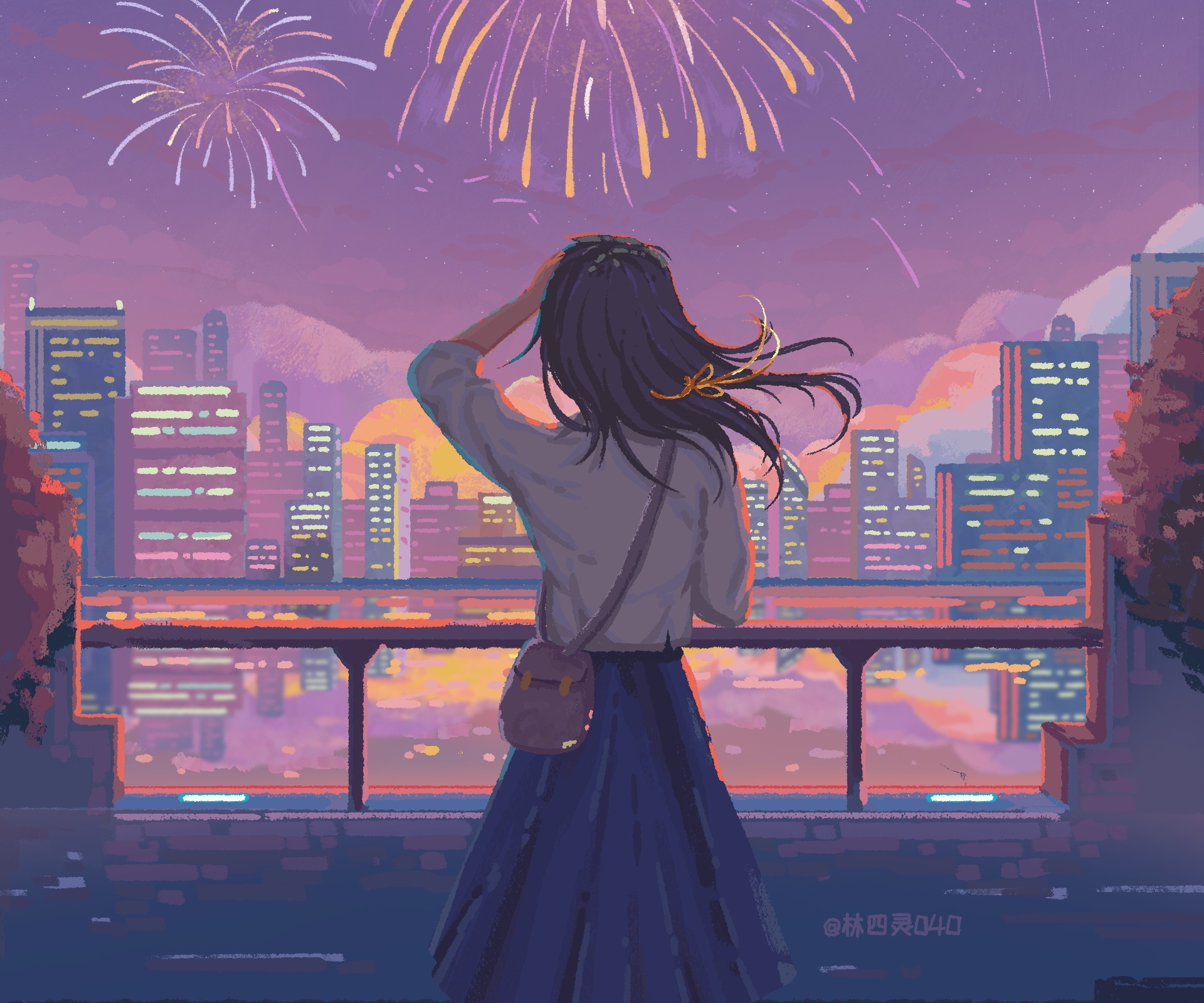 Girl watching fireworks over city HD Wallpaper