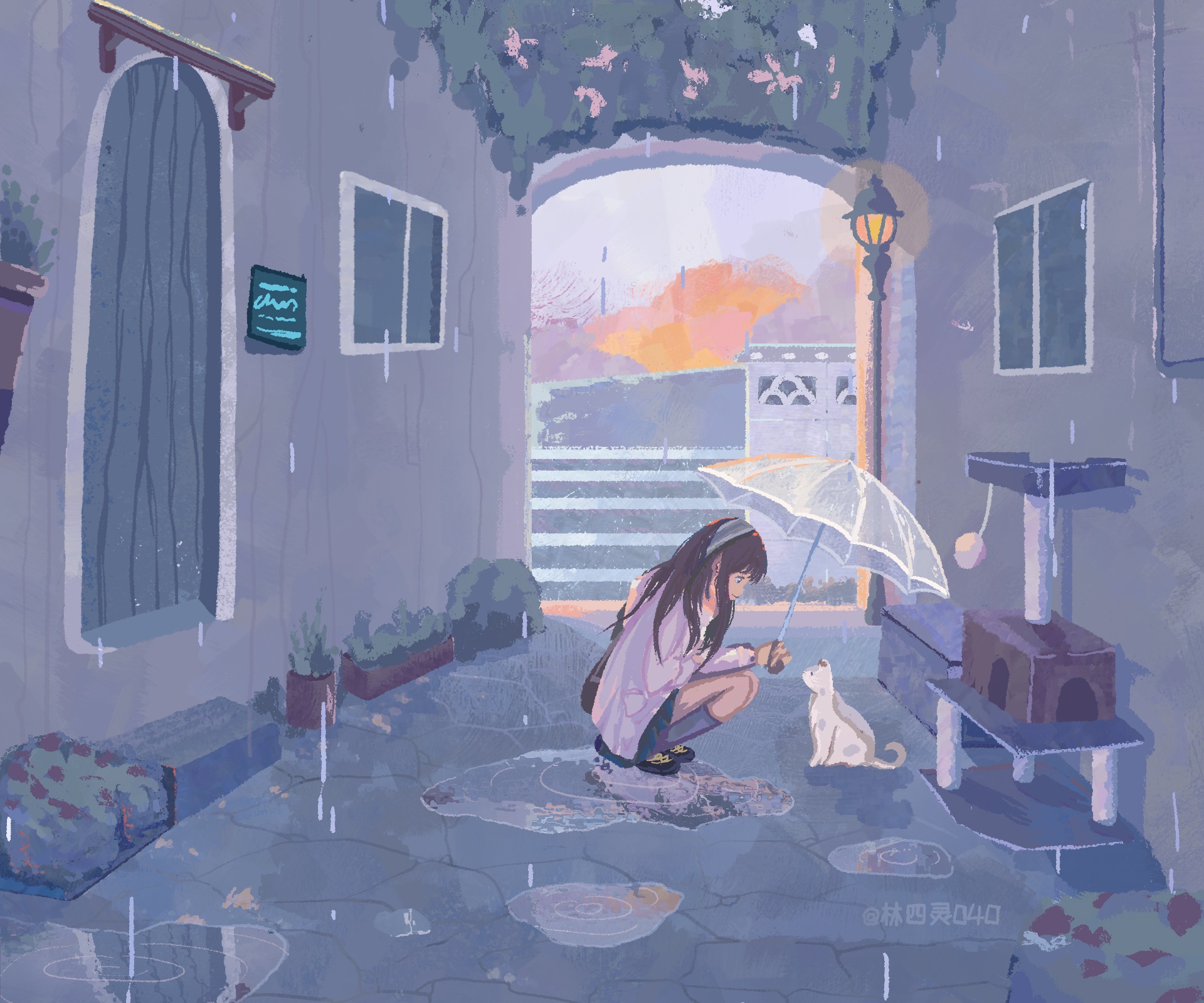 Girl with umbrella and cat in the rain HD Wallpaper
