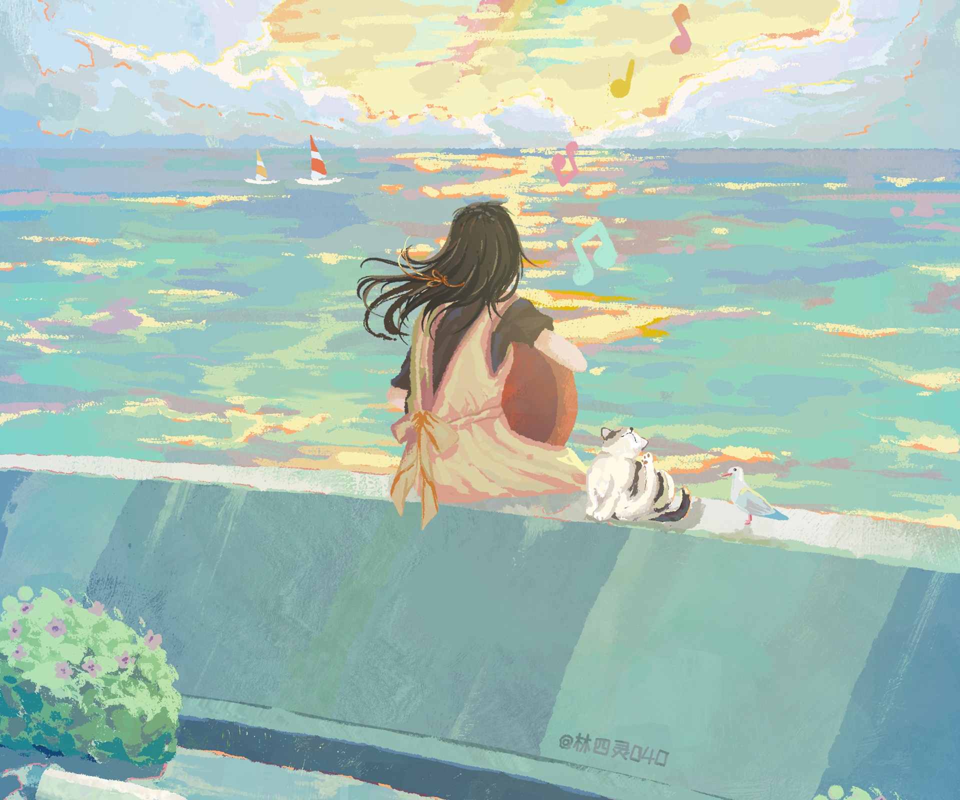 Girl with cat and bird by the sea at sunset HD Wallpaper